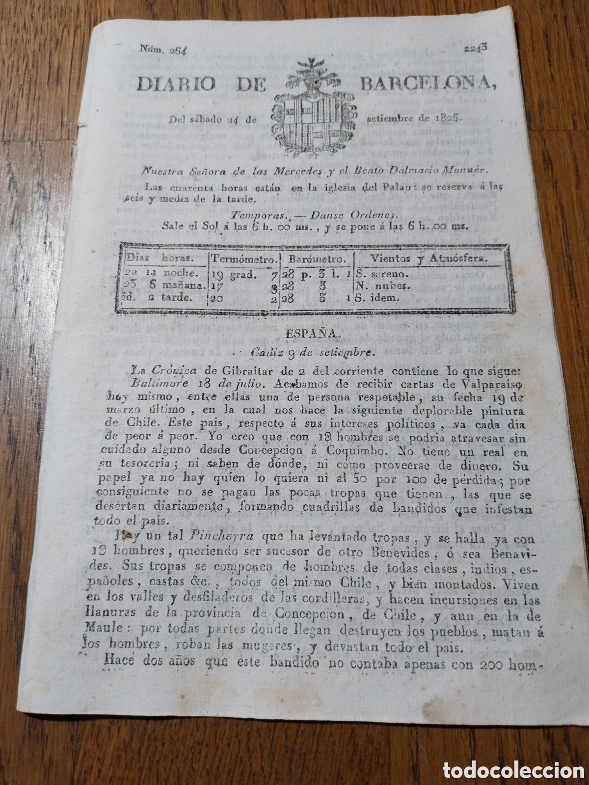 Coleccionismo de Revistas y Peri&oacute;dicos: DIARIO 1825 NOTICIAS DEL DEPLORABLE ESTADO DE CHILE.