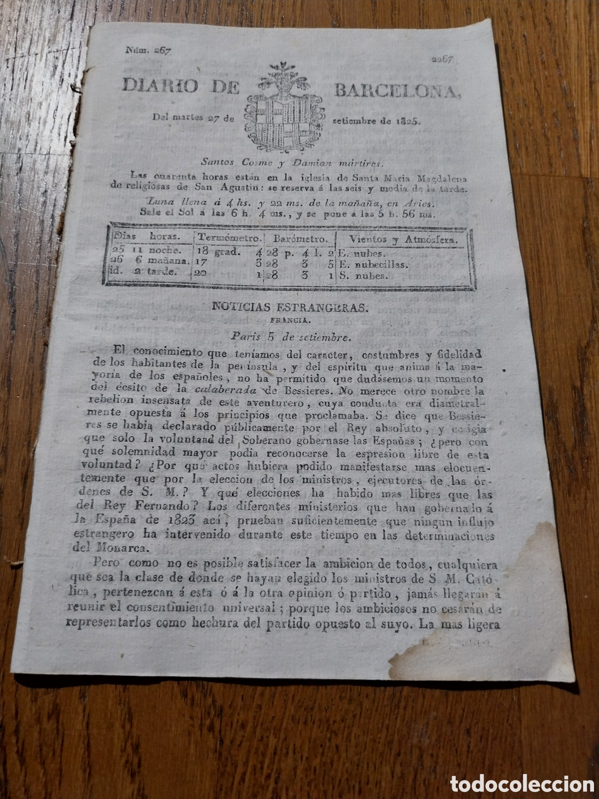 Sammeln von Zeitschriften und Zeitungen: DIARIO 1825 CULTIVO CA&Ntilde;A DE AZUCAR EN JARDIN BOT&Aacute;NICO DE BARCELONA. EDICTO MAESTRO D CANTO FIGUERAS