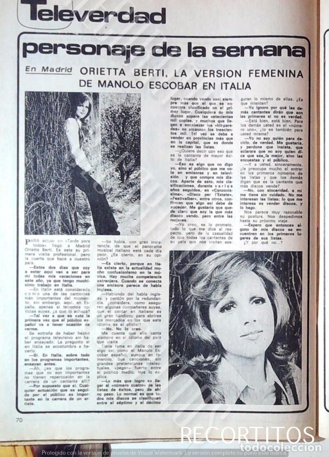 Coleccionismo de Revistas y Peri&oacute;dicos: ORIETTA BERTO &Ntilde;A VERSION ITALIANA FEMENINA DE MANOLO ESCOBAR CANCION ITALIANA