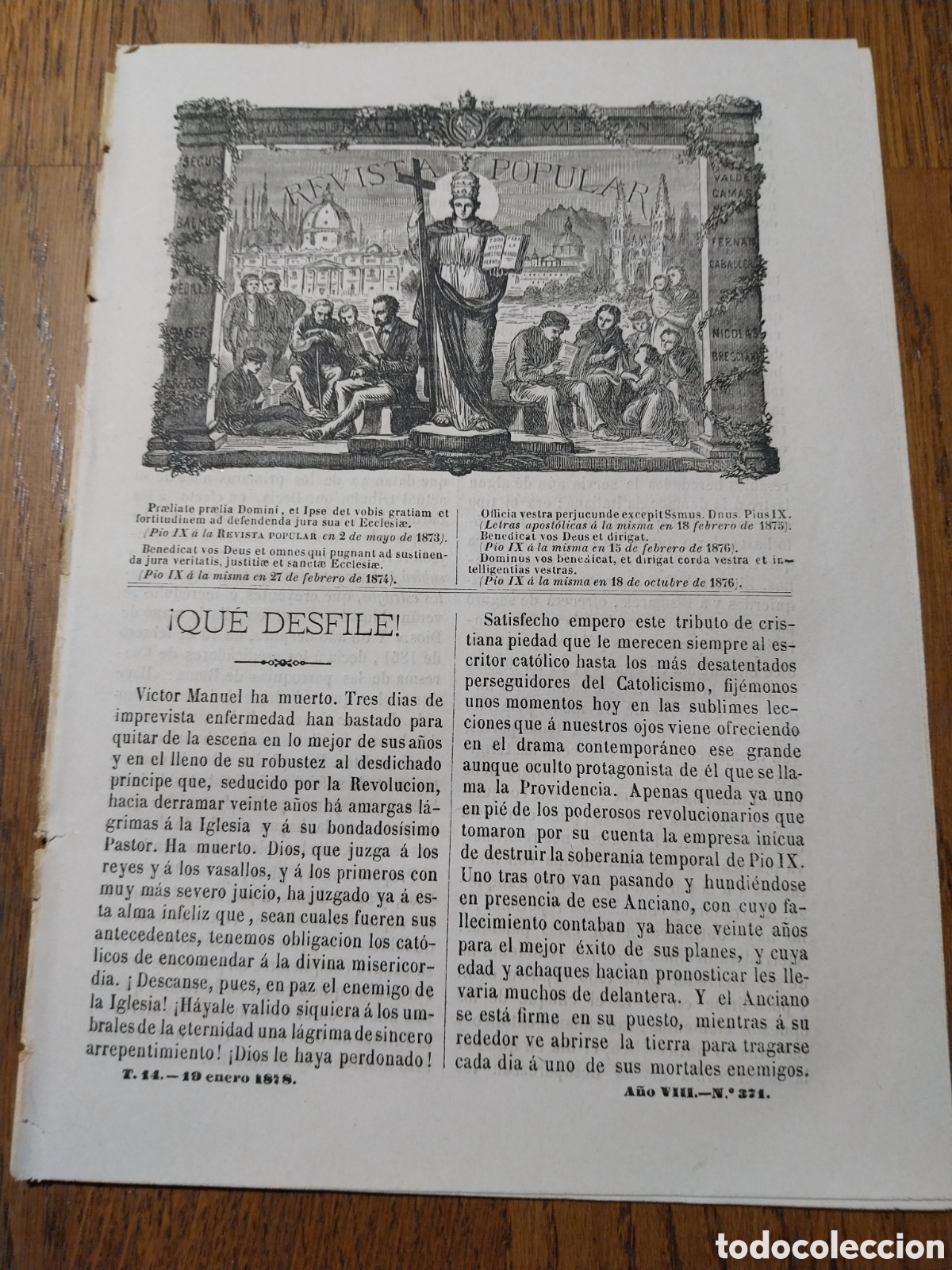 Collection Magazines and Newspapers: REVISTA 1878 MUERTE DEL REY DE ITALIA.LAS HEREJIAS.MONUMENTO EN BENARES. MANRESA SANLUCAR BARRAMEDA