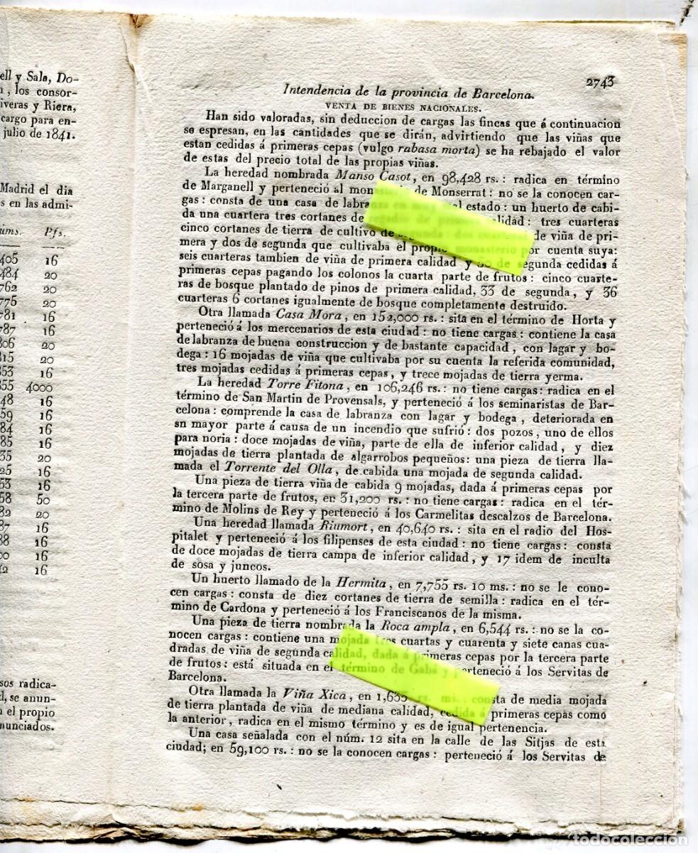 Coleccionismo de Revistas y Peri&oacute;dicos: DIARIO A&Ntilde;O 1841 FINCAS DE VI&Ntilde;AS VINO EN BARCELONA HORTA PROVENSALS MOLINS DE REY HOSPITALET CARDONA