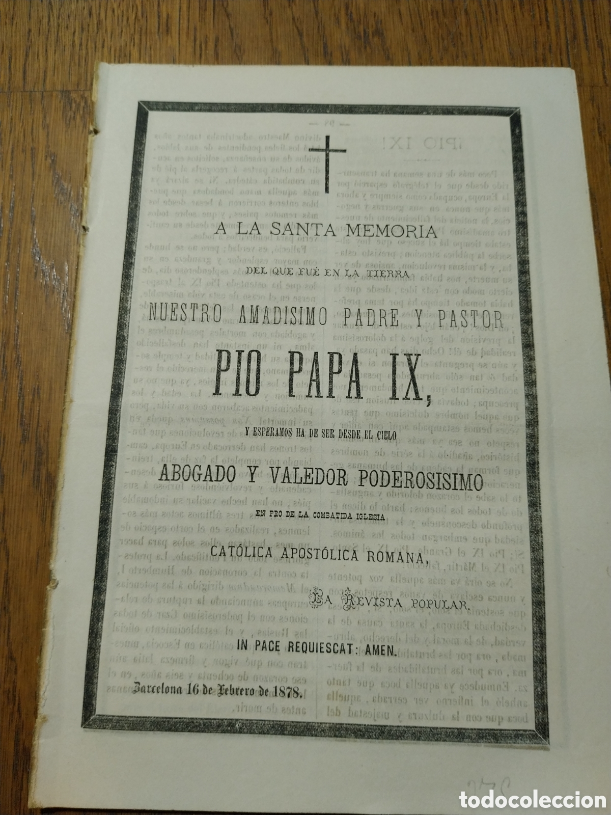Coleccionismo de Revistas y Peri&oacute;dicos: REVISTA 1878 A LA SANTA MEMORIA DEL PAPA PIO IX .