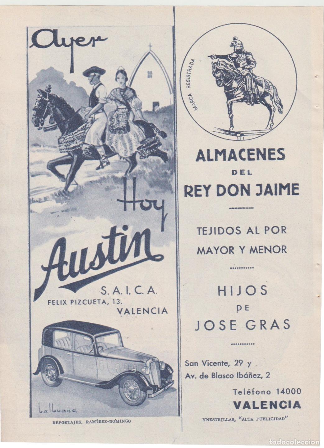 Collezionismo di Riviste e Giornali: Publicidad comercios Valencia: autom&oacute;viles Austin SAICA, almacenes del Rey Don Jaime -1935