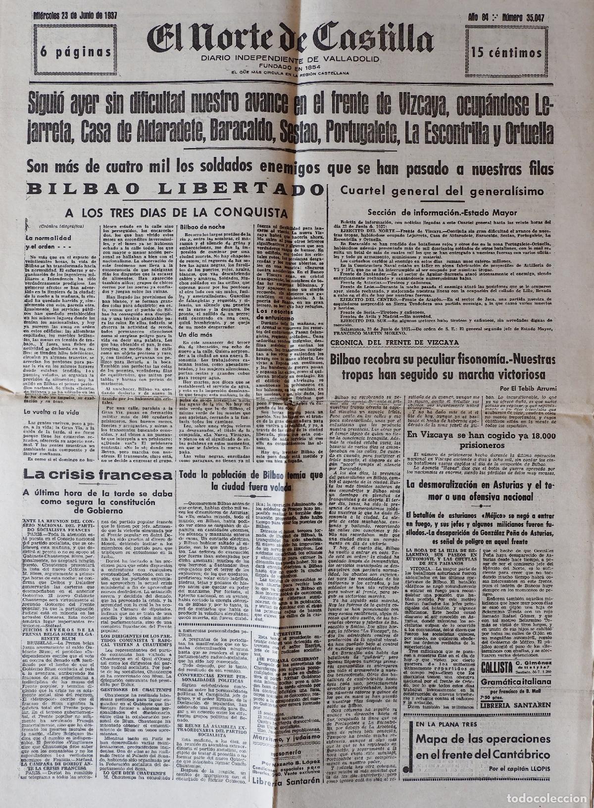 Coleccionismo de Revistas y Peri&oacute;dicos: DIARIO INDEPENDIENTE DE VALLADOLID: EL NORTE DE CASTILLA. MI&Eacute;RCOLES 23 DE JUNIO DE 1937