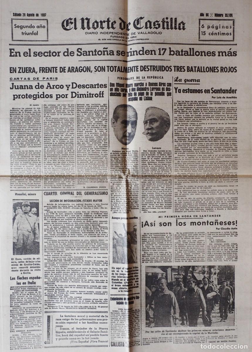 Coleccionismo de Revistas y Peri&oacute;dicos: DIARIO INDEPENDIENTE DE VALLADOLID: EL NORTE DE CASTILLA. S&Aacute;BADO 28 DE AGOSTO DE 1937