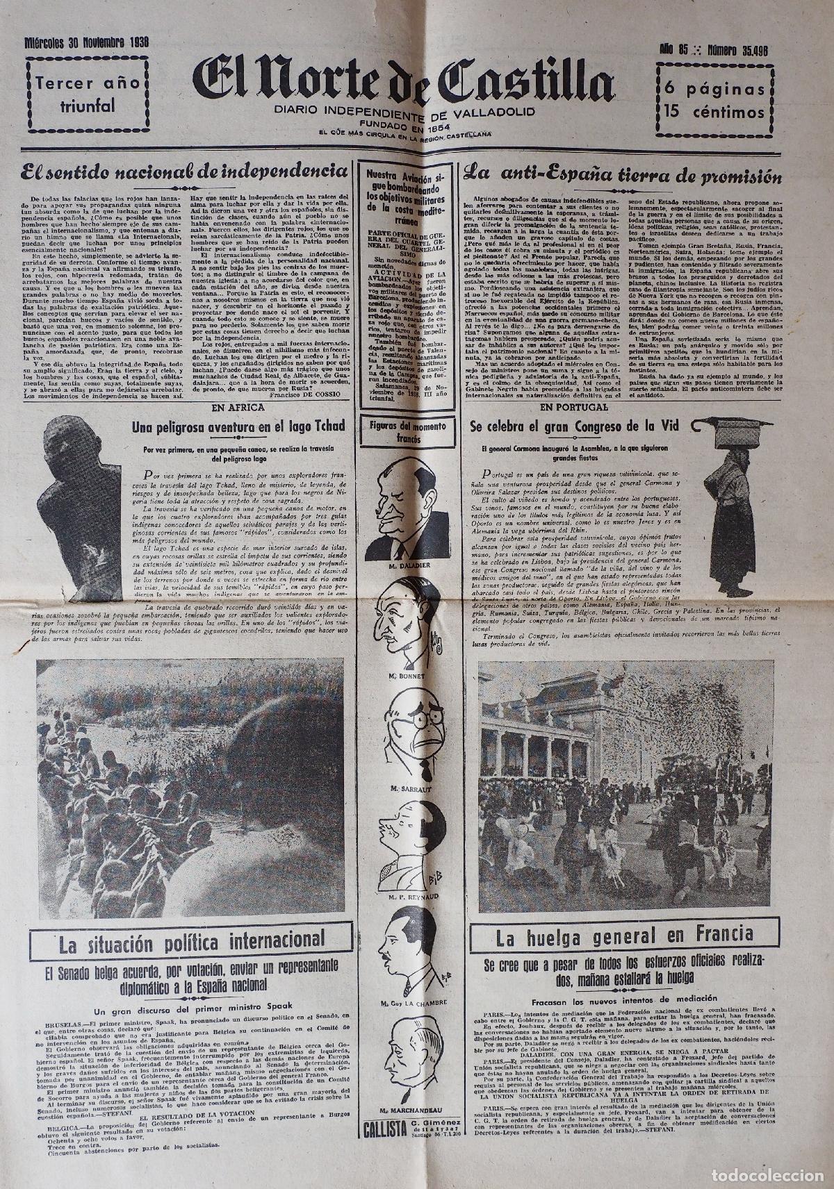 Coleccionismo de Revistas y Peri&oacute;dicos: DIARIO INDEPENDIENTE DE VALLADOLID: EL NORTE DE CASTILLA. MI&Eacute;RCOLES 30 DE NOVIEMBRE DE 1938