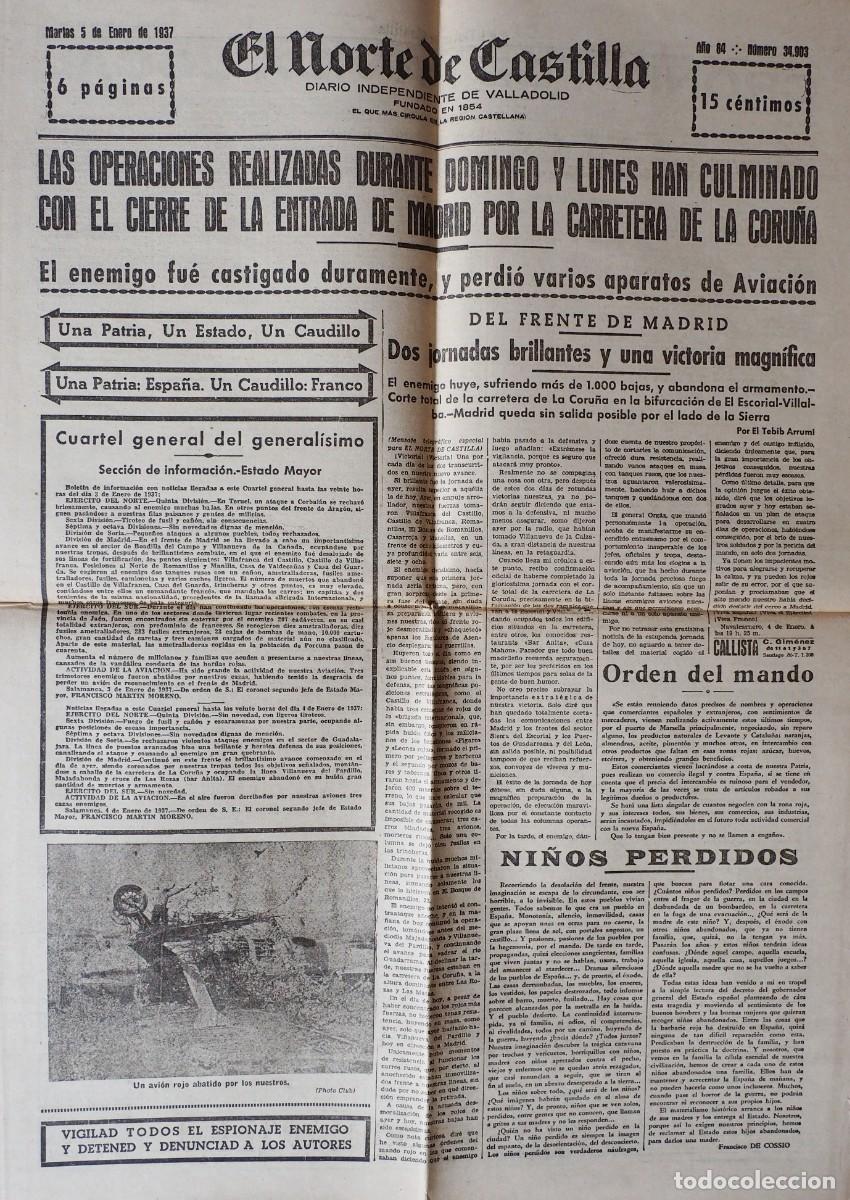 Coleccionismo de Revistas y Peri&oacute;dicos: DIARIO INDEPENDIENTE DE VALLADOLID: EL NORTE DE CASTILLA. MARTES 5 DE ENERO DE 1937