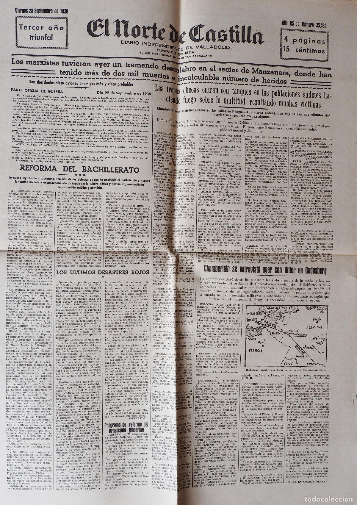 Coleccionismo de Revistas y Peri&oacute;dicos: DIARIO INDEPENDIENTE DE VALLADOLID: EL NORTE DE CASTILLA. VIERNES 23 DE SEPTIEMBRE DE 1938