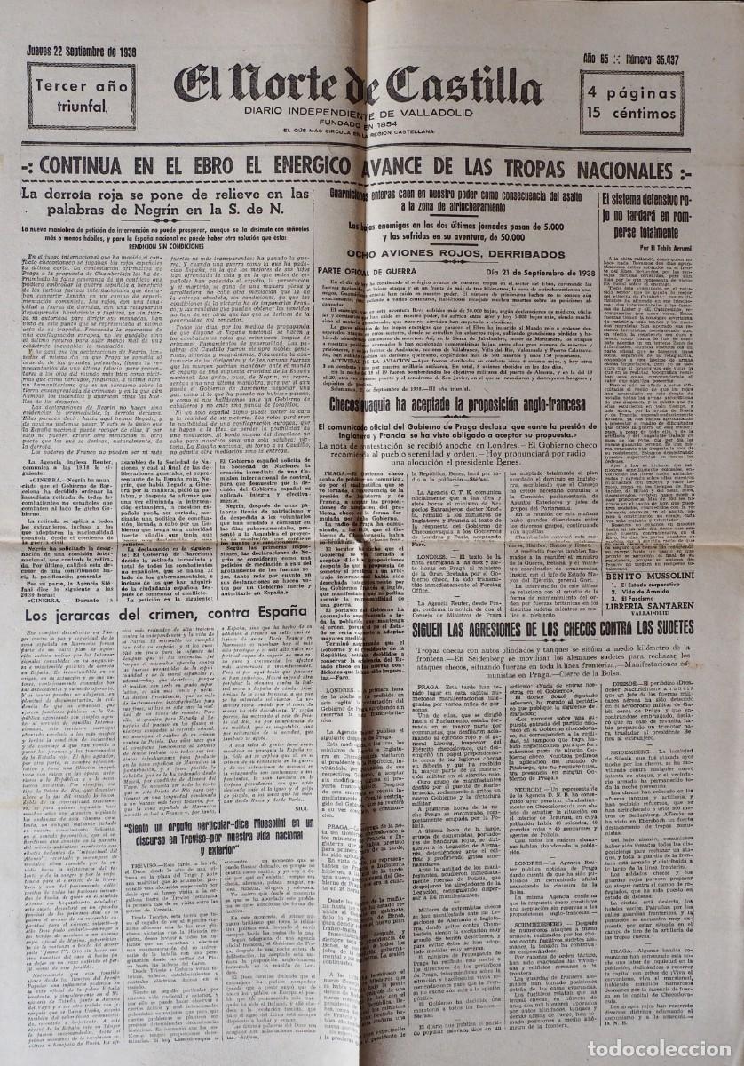 Coleccionismo de Revistas y Peri&oacute;dicos: DIARIO INDEPENDIENTE DE VALLADOLID: EL NORTE DE CASTILLA. JUEVES 22 DE SEPTIEMBRE DE 1938