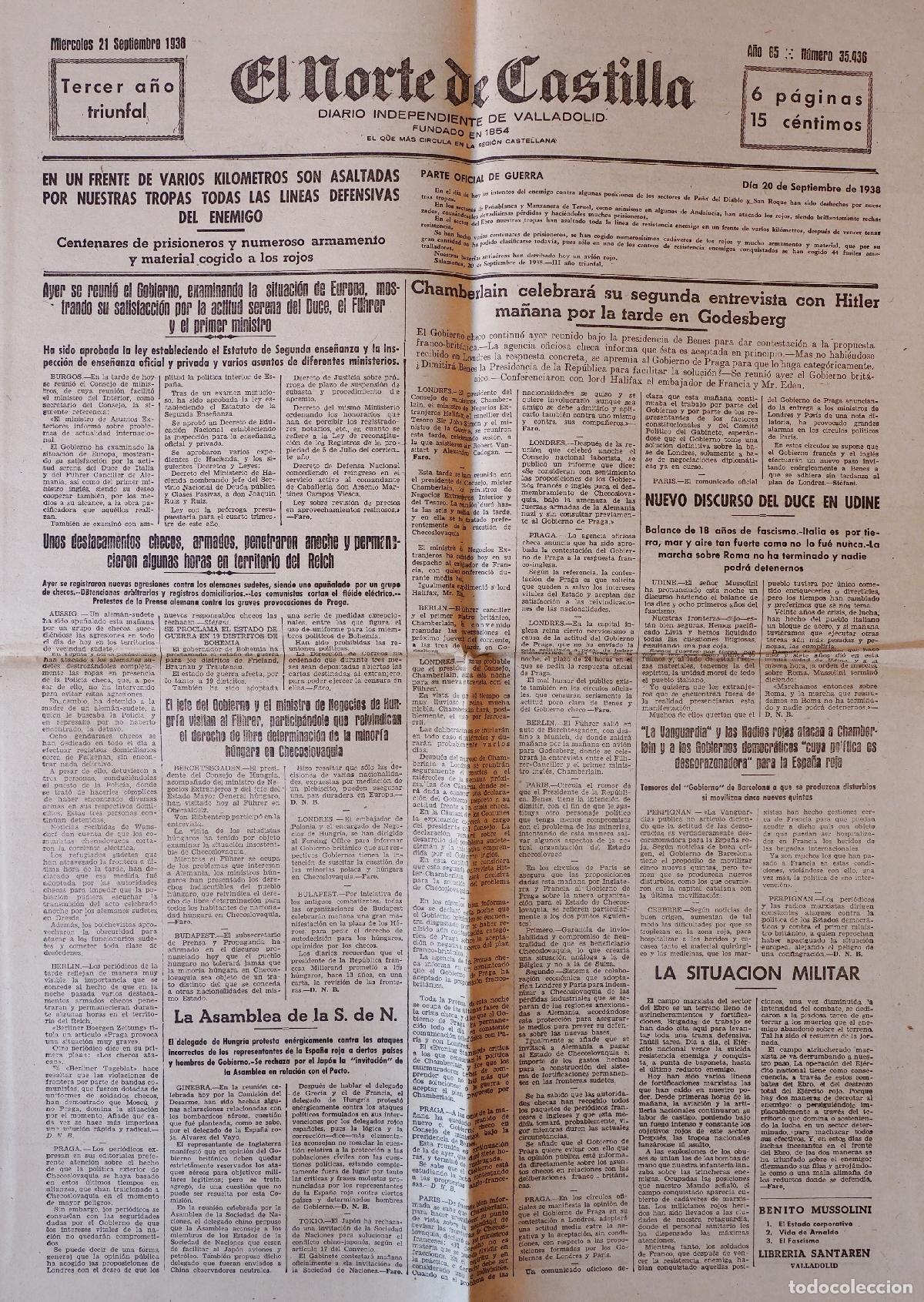 Coleccionismo de Revistas y Peri&oacute;dicos: DIARIO INDEPENDIENTE DE VALLADOLID: EL NORTE DE CASTILLA. MI&Eacute;RCOLES 21 DE SEPTIEMBRE DE 1938