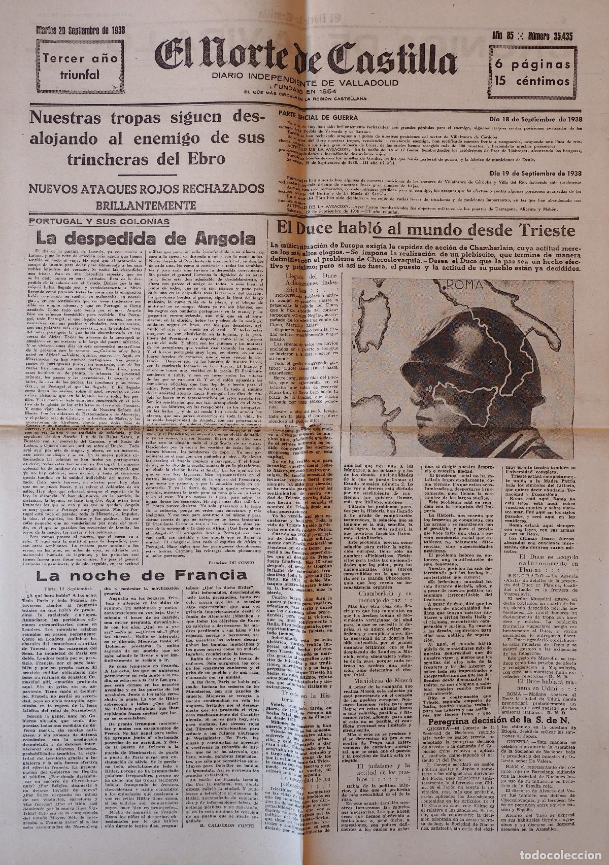 Coleccionismo de Revistas y Peri&oacute;dicos: DIARIO INDEPENDIENTE DE VALLADOLID: EL NORTE DE CASTILLA. MARTES 20 DE SEPTIEMBRE DE 1938
