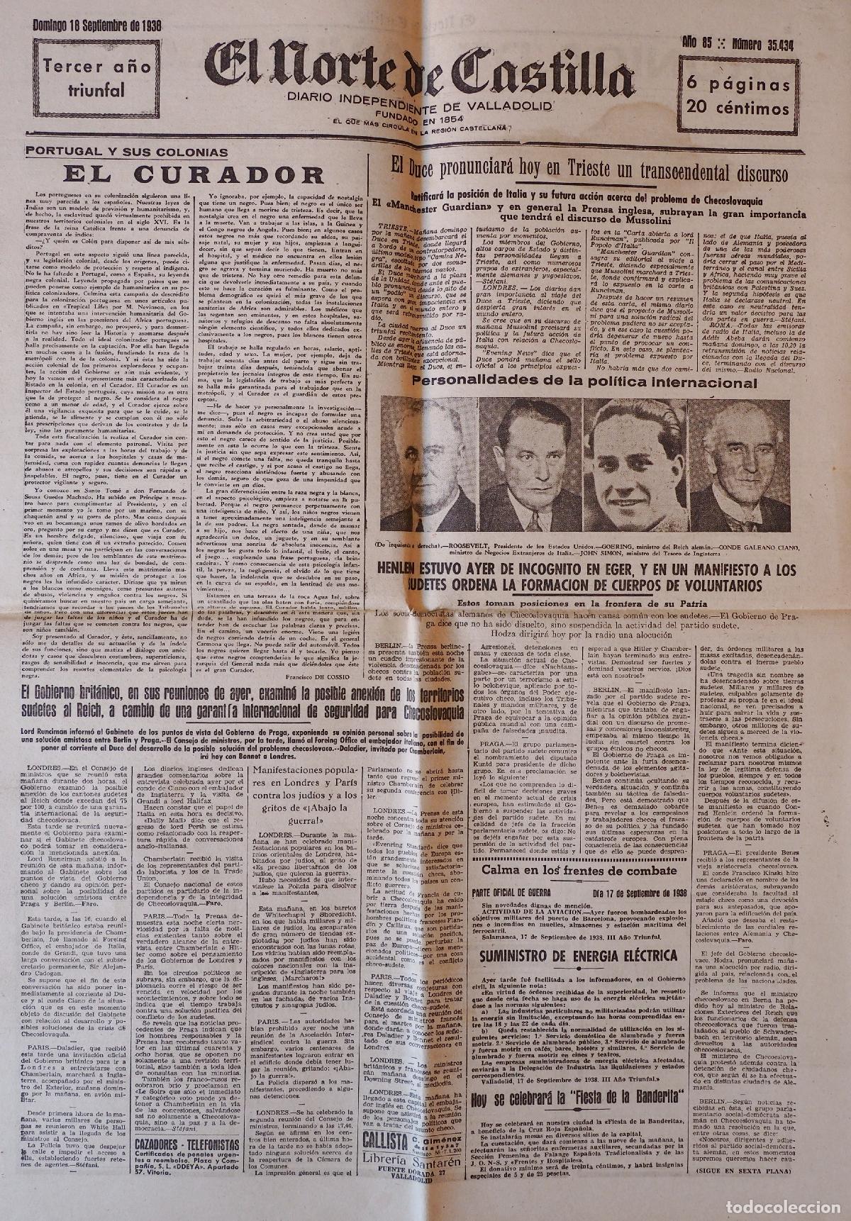 Coleccionismo de Revistas y Peri&oacute;dicos: DIARIO INDEPENDIENTE DE VALLADOLID: EL NORTE DE CASTILLA. DOMINGO 18 DE SEPTIEMBRE DE 1938