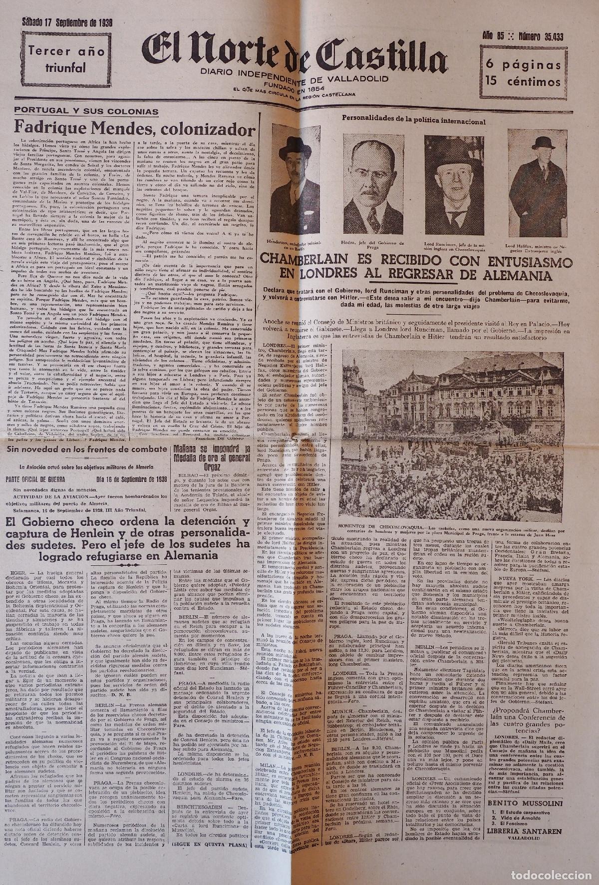 Collection Magazines and Newspapers: DIARIO INDEPENDIENTE DE VALLADOLID: EL NORTE DE CASTILLA. SABADO 17 DE SEPTIEMBRE DE 1938