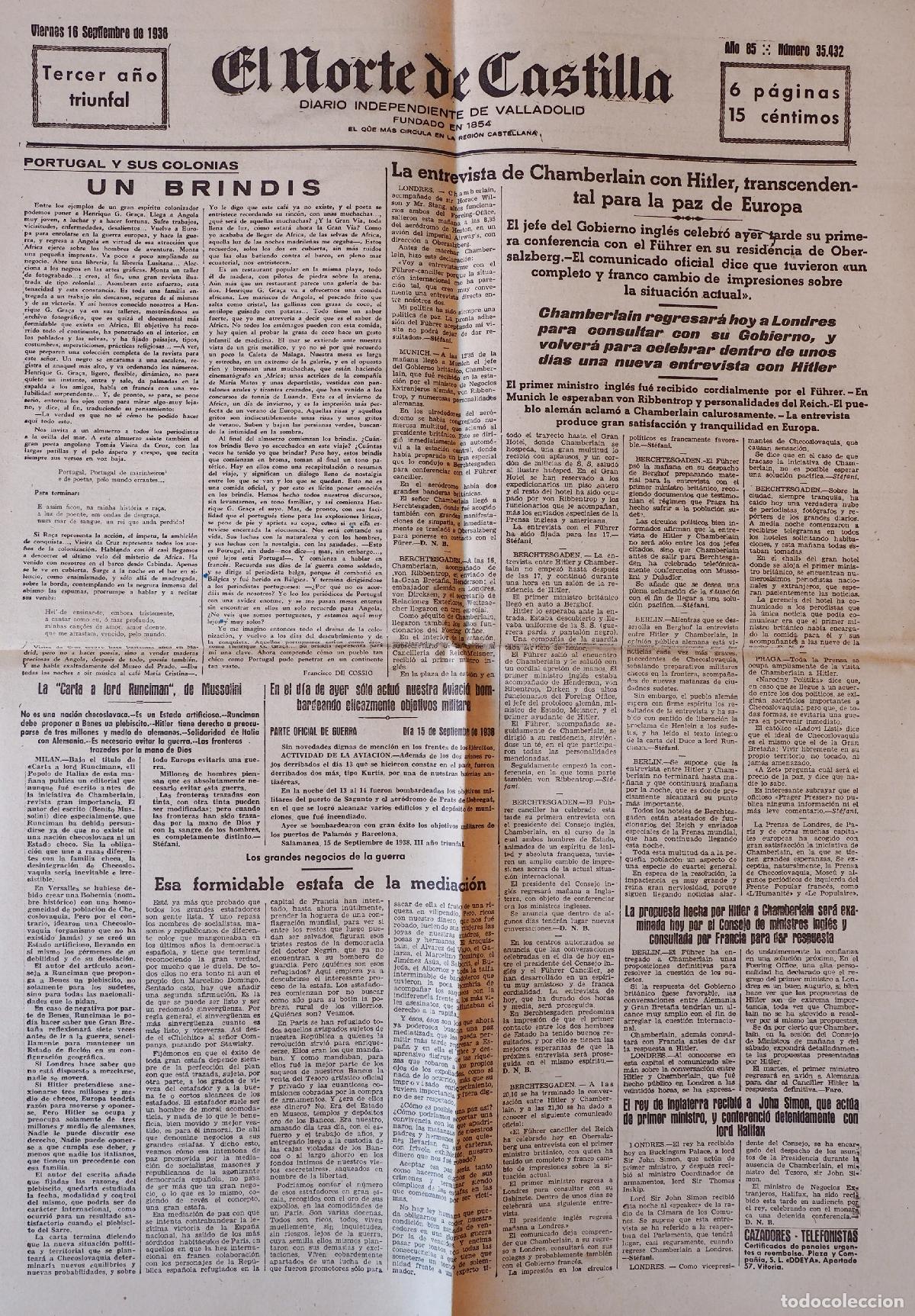 Coleccionismo de Revistas y Peri&oacute;dicos: DIARIO INDEPENDIENTE DE VALLADOLID: EL NORTE DE CASTILLA. VIERNES 16 DE SEPTIEMBRE DE 1938