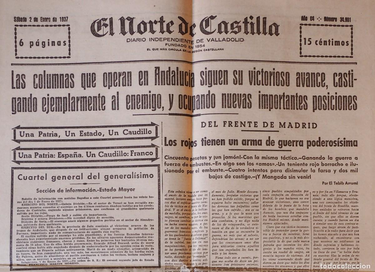 Coleccionismo de Revistas y Peri&oacute;dicos: DIARIO INDEPENDIENTE DE VALLADOLID: EL NORTE DE CASTILLA. SABADO 2 DE ENERO DE 1937