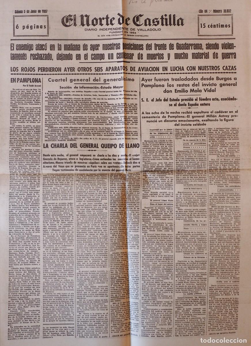 Coleccionismo de Revistas y Peri&oacute;dicos: DIARIO INDEPENDIENTE DE VALLADOLID: EL NORTE DE CASTILLA. SABADO 5 DE JUNIO DE 1937