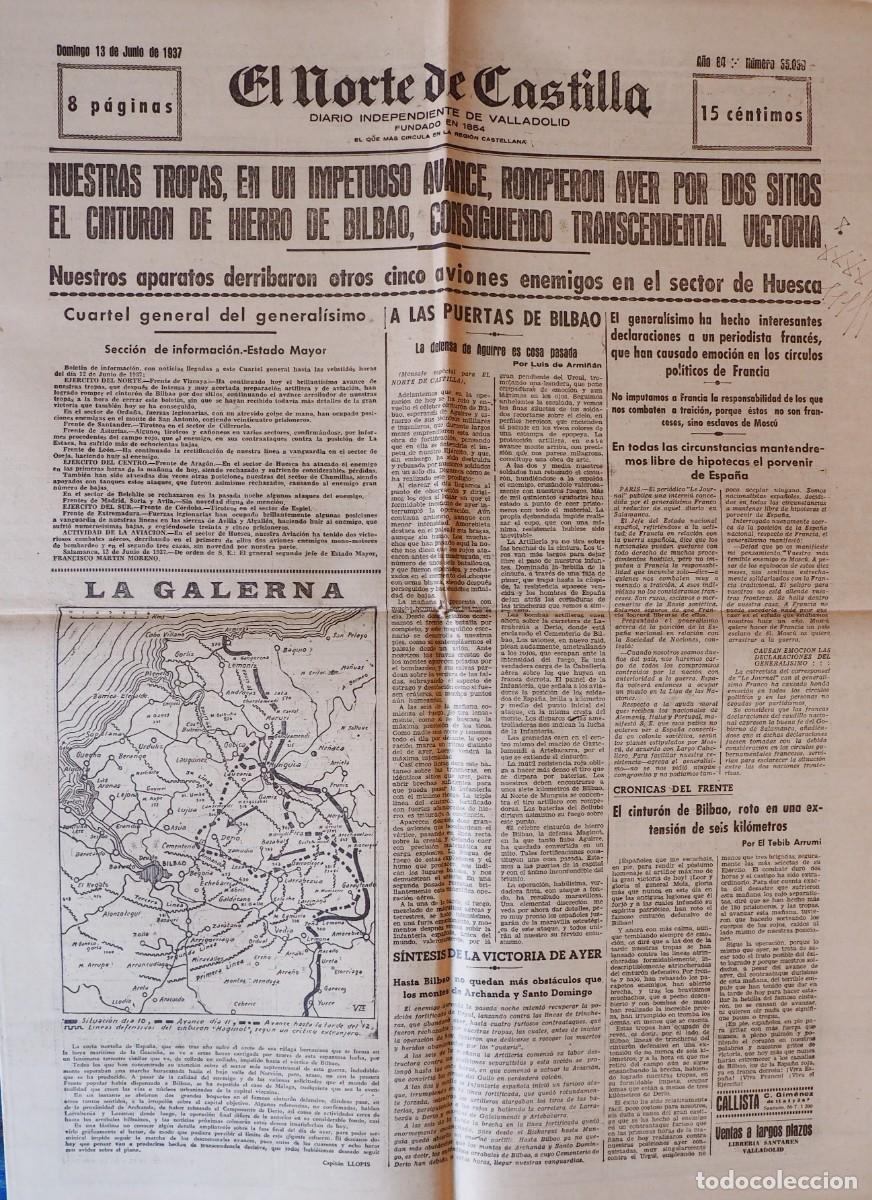 Collezionismo di Riviste e Giornali: DIARIO INDEPENDIENTE DE VALLADOLID: EL NORTE DE CASTILLA. DOMINGO 13 DE JUNIO DE 1937
