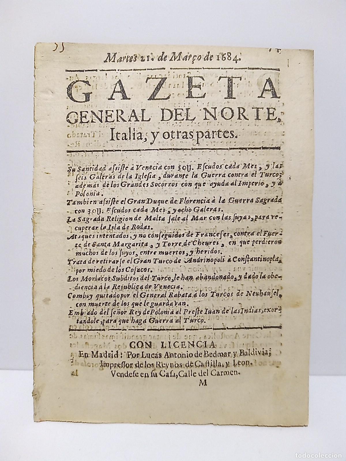 Coleccionismo de Revistas y Peri&oacute;dicos: GAZETA GENERAL DEL NORTE, Italia, y otras partes. Martes 21 de Mar&ccedil;o de 1684 - [CONTIENE]: Su Santid