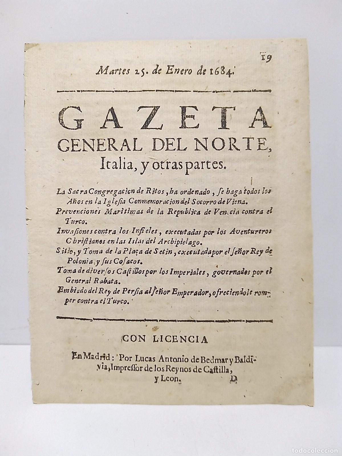 Coleccionismo de Revistas y Peri&oacute;dicos: GAZETA GENERAL DEL NORTE, Italia, y otras partes. Martes 25 de Enero de 1684 - [CONTIENE]: La Sacra