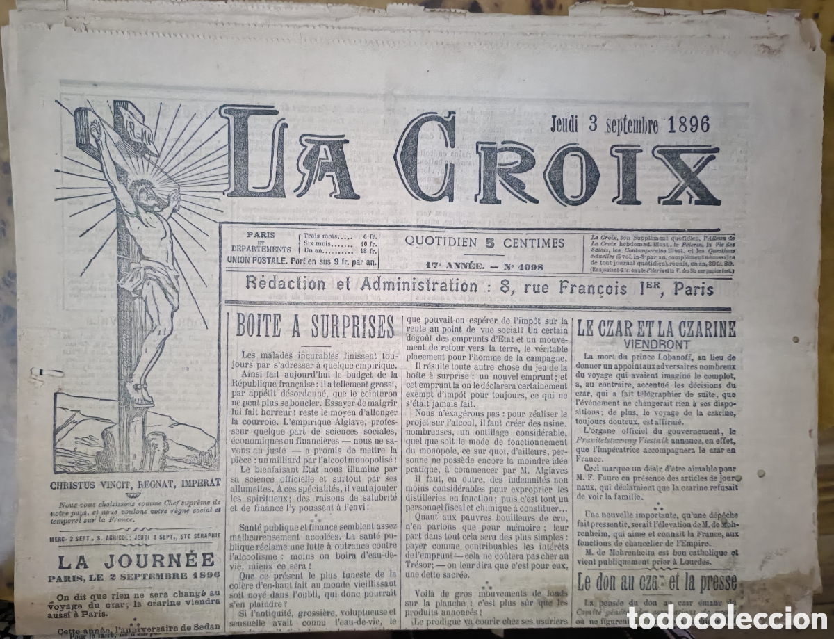 Coleccionismo de Revistas y Peri&oacute;dicos: Peri&oacute;dico frances. La Croix. 1896