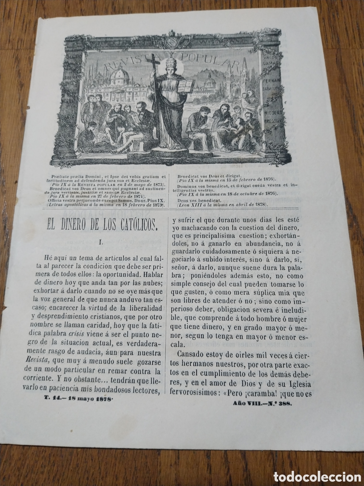Colecionismo de Revistas e Jornais: REVISTA 1878 PICO DE TENERIFE.CONSAGRACION DEL NUEVO OBISPO DE GERONA.RETRACCION DEL PADRE CURCI