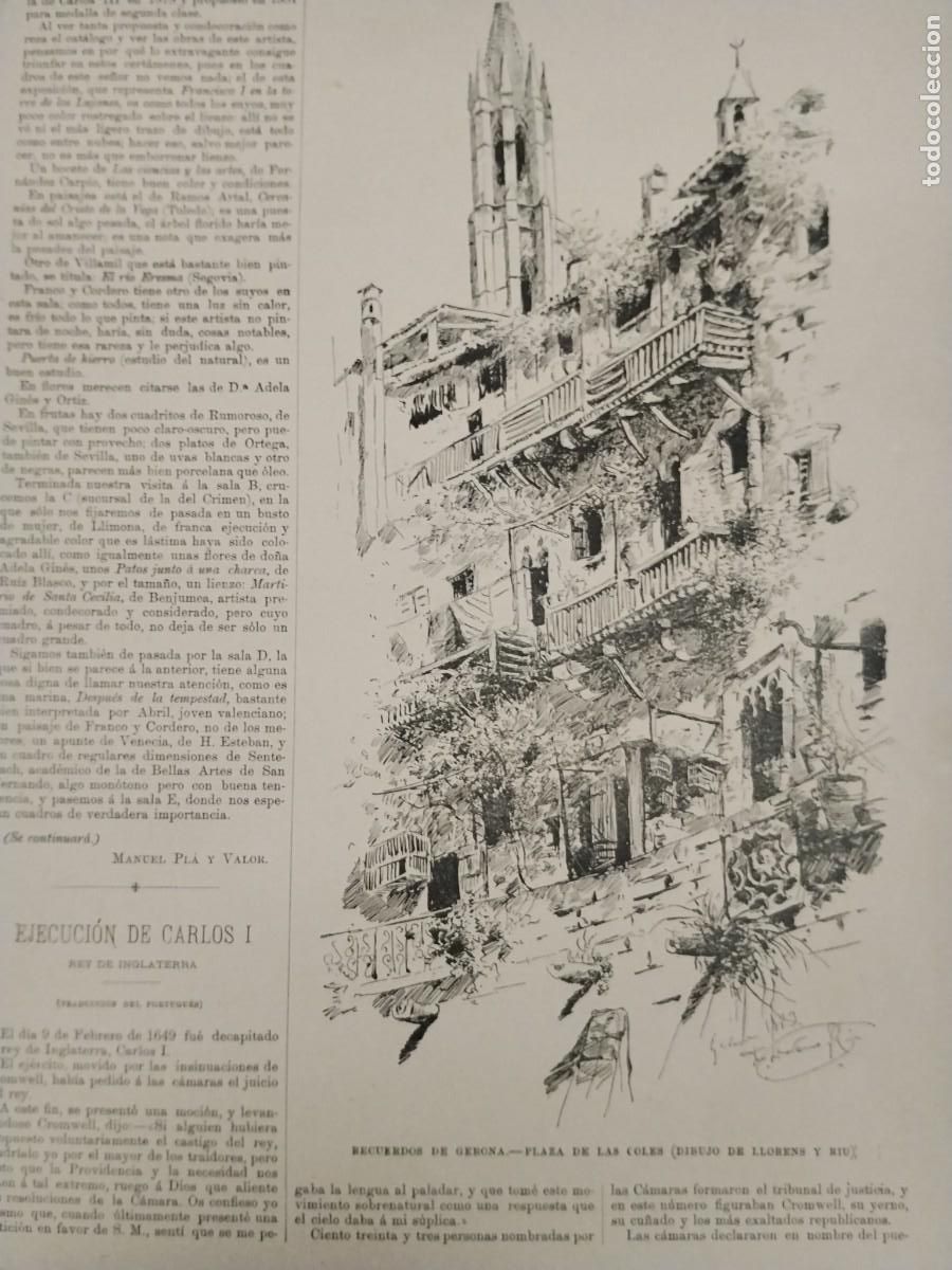 Coleccionismo de Revistas y Peri&oacute;dicos: RECUERDOS DE GERONA GIRONA LA PLAZA DE LAS COLES PLA&Ccedil;A DE LES COLS DIBUJO LLORENS Y RIU A&Ntilde;O 1884