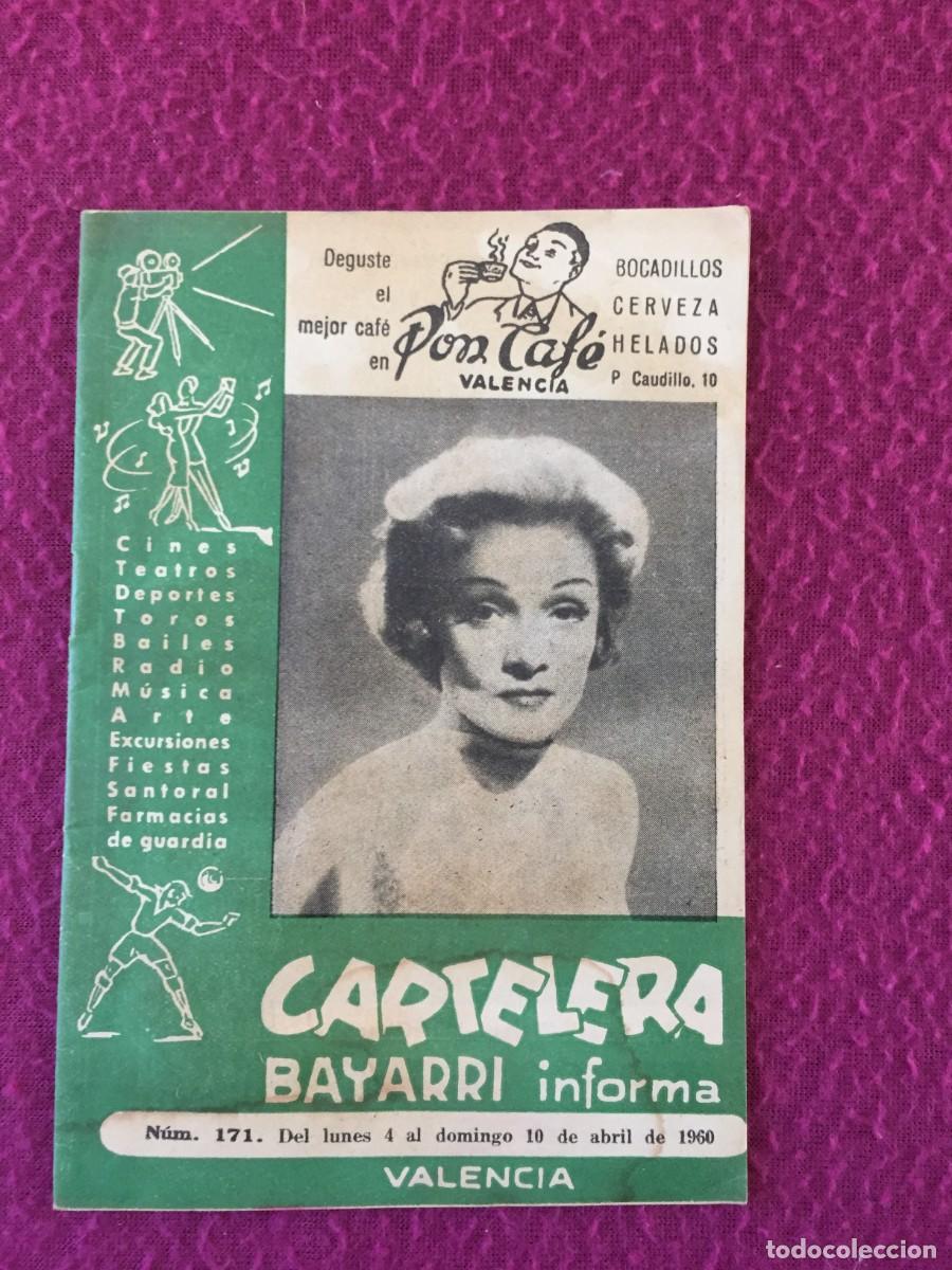 Coleccionismo de Revistas y Peri&oacute;dicos: CARTELERA BAYARRI N&ordm; 171 / A&Ntilde;O 1960 / Portada: MARLENE DIETRICH -Cervezas el Aguila Charlot -Chaplin