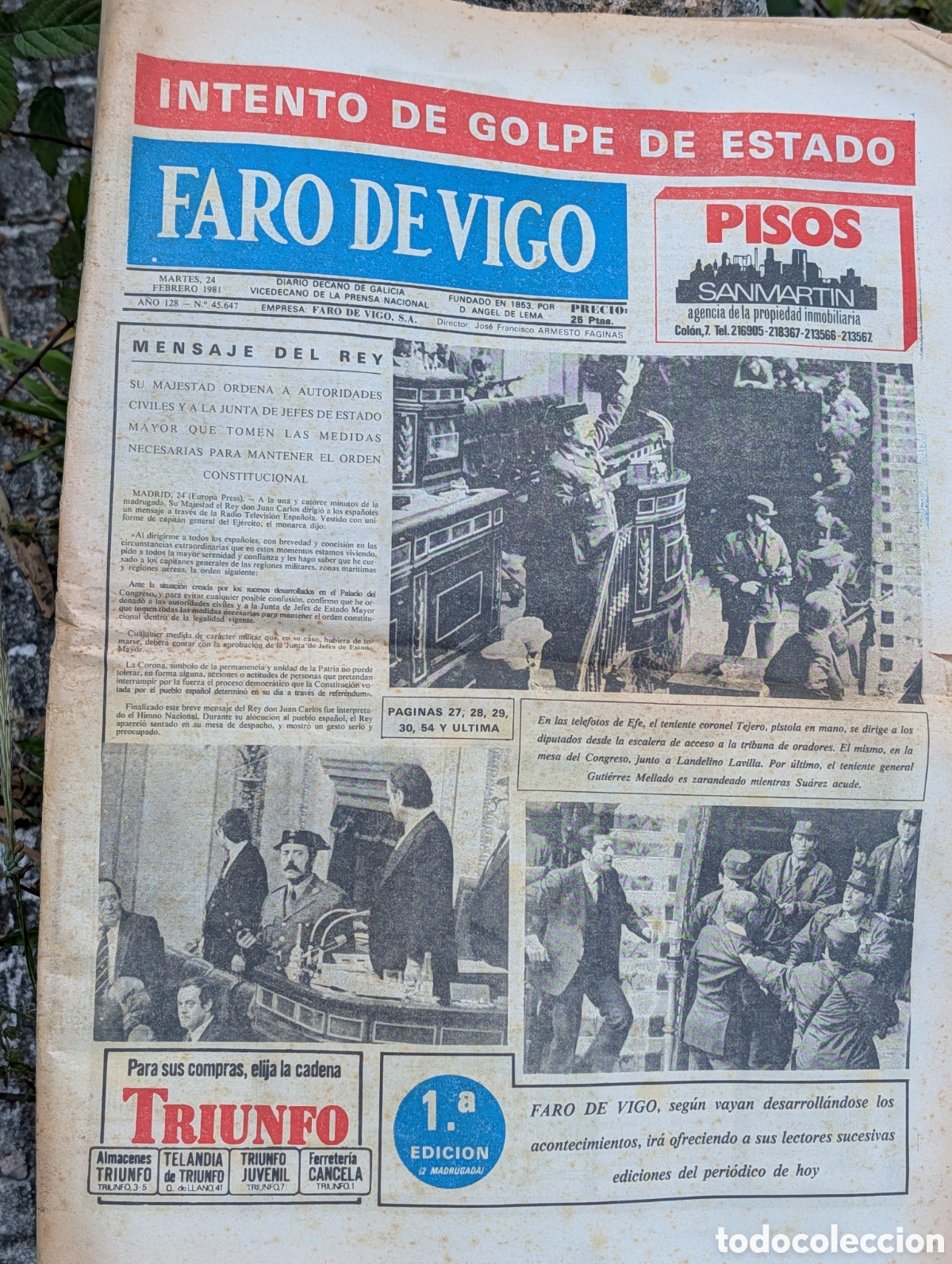 Coleccionismo de Revistas y Peri&oacute;dicos: Peri&oacute;dico FARO DE VIGO - 24 Febrero 1981 - GOLPE DE ESTADO 23-F - 1&ordf; Edici&oacute;n
