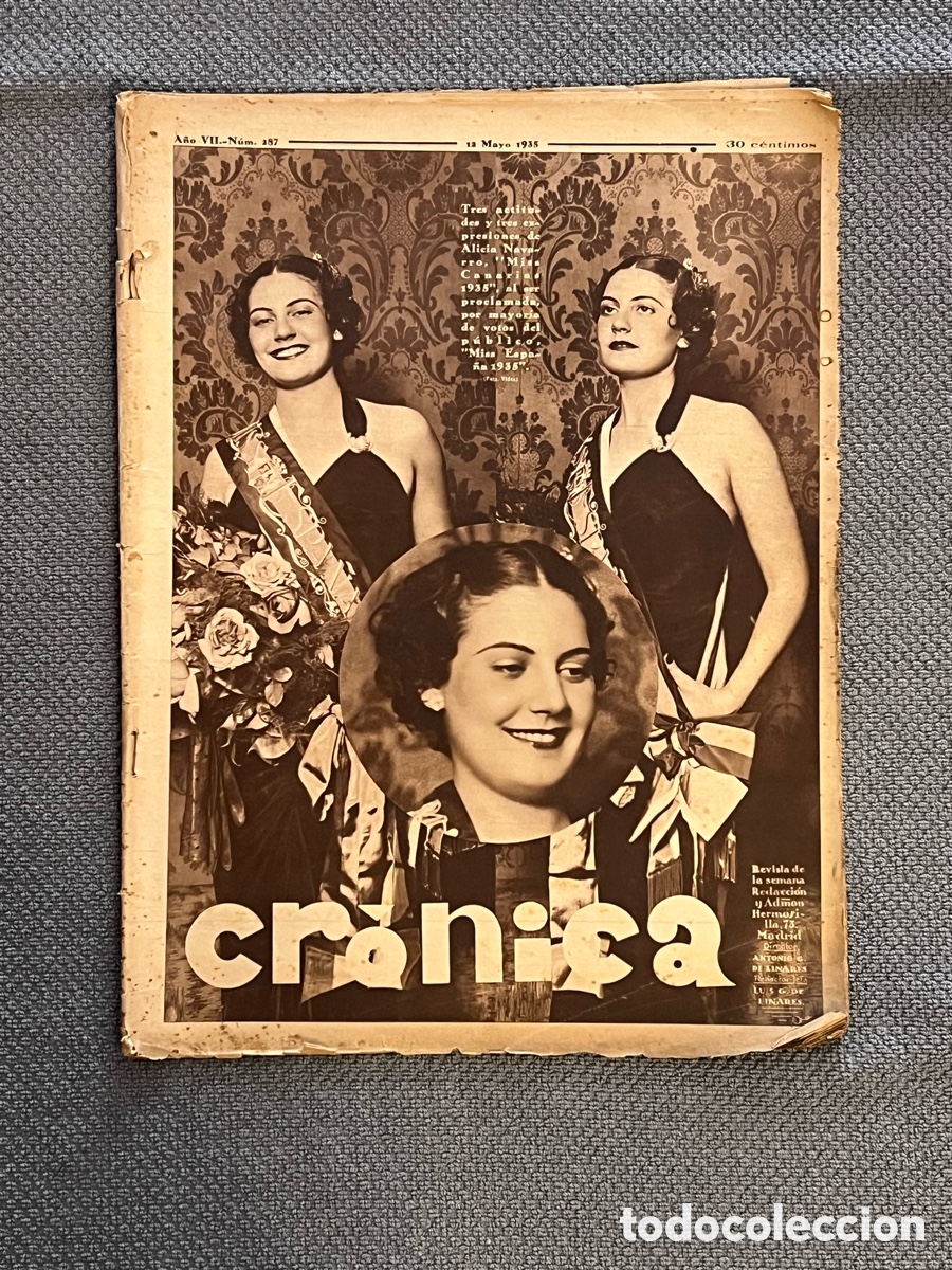 Coleccionismo de Revistas y Peri&oacute;dicos: CRONICA. Alicia Navarro Miss Canarias.. BERL&Iacute;N en 1935.. Final futbol Athletic Club de Madrid