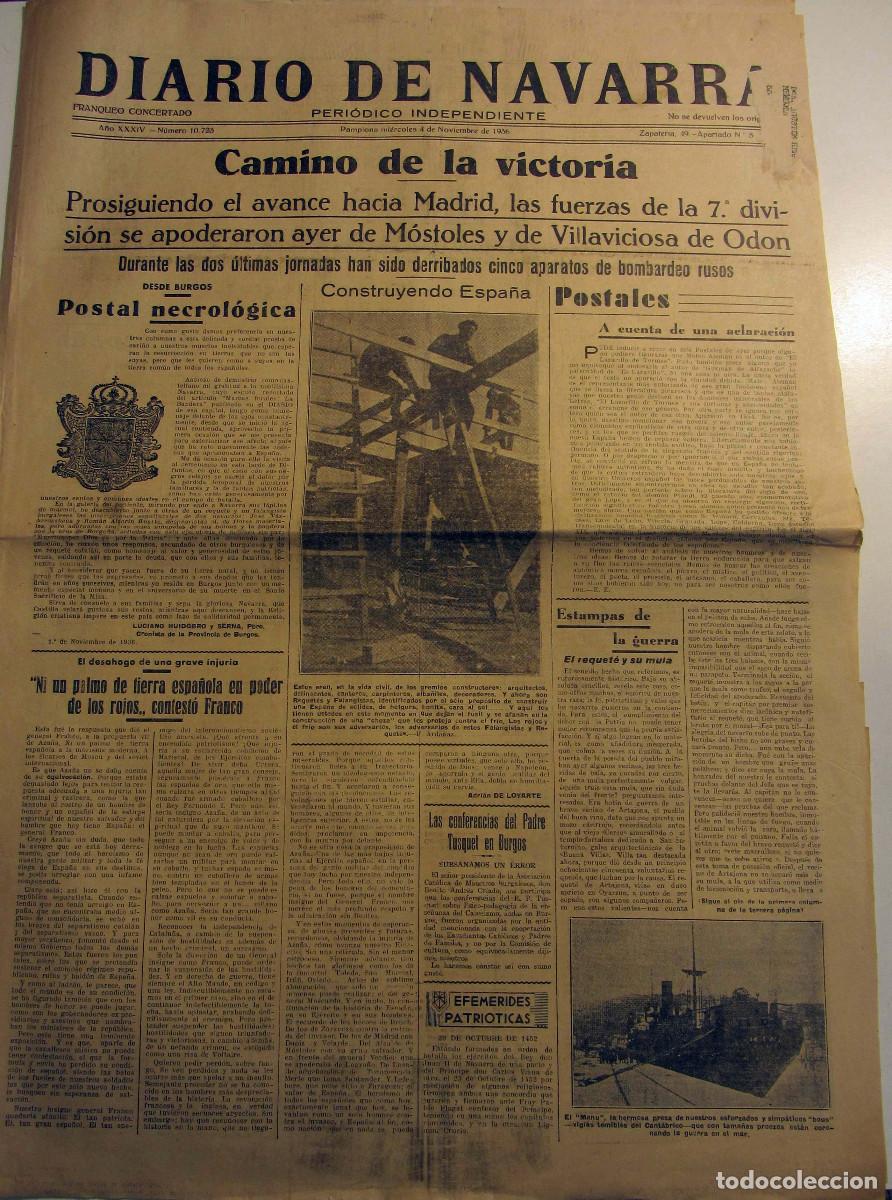 Collection Magazines and Newspapers: Guerra Civil Diario de Navarra Pamplona 4 de Noviembre 1936. Mostoles. Villaviciosa Od&oacute;n. Navafr&iacute;a.
