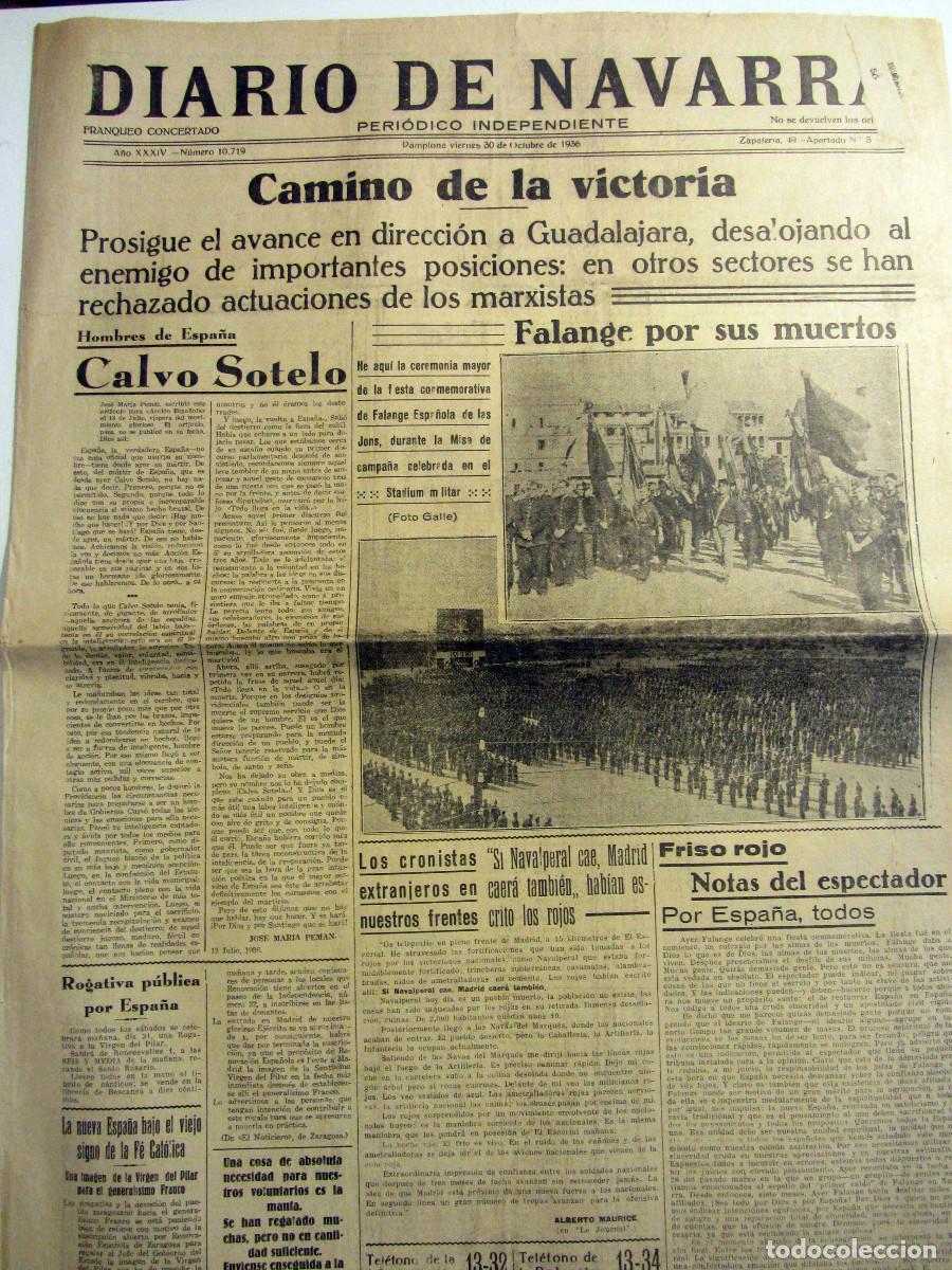 Collection Magazines and Newspapers: Guerra Civil Diario de Navarra Pamplona 30 Octubre 1936. Somosierra. Peguerinos. Bombardeo Barcelona