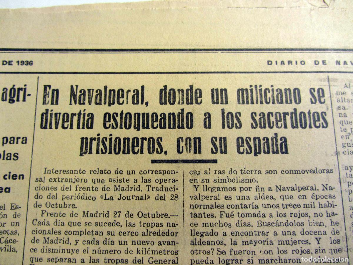 Coleccionismo de Revistas y Peri&oacute;dicos: Guerra Civil RECORTE Diario de Navarra Pamplona 31 Octubre 1936 Navalperal (Avila).Bombardeo Durango