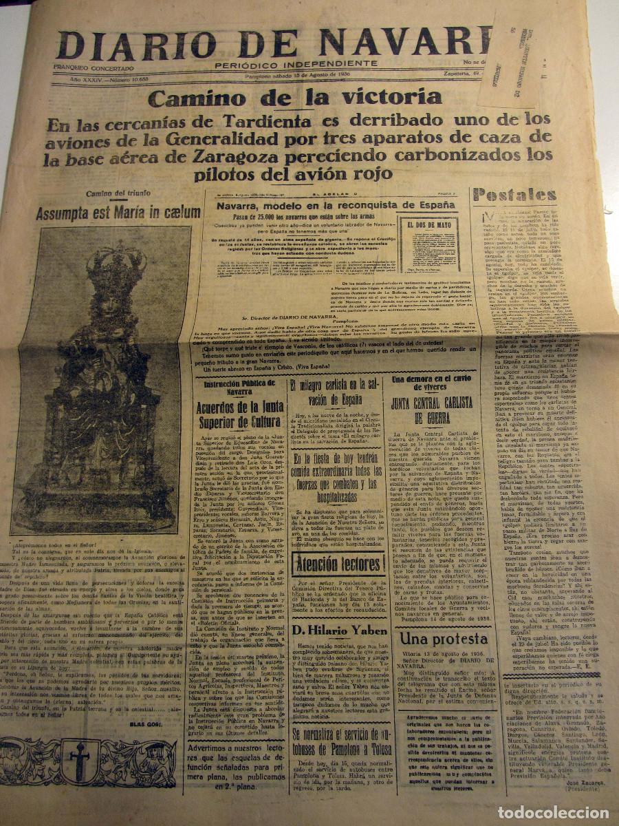 Coleccionismo de Revistas y Peri&oacute;dicos: Guerra Civil RECORTE Diario de Navarra Pamplona 15 Agosto 1936 Tardienta. Tolosa.