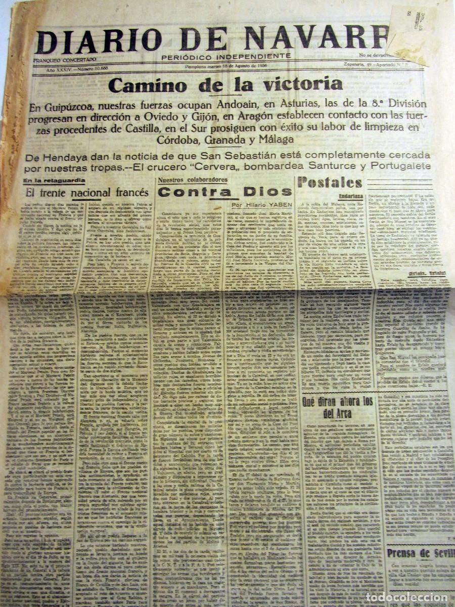 Colecionismo de Revistas e Jornais: Guerra Civil RECORTE Diario de Navarra Pamplona 18 Agosto 1936.Andoain. Archidona.Bombardeo Santurce