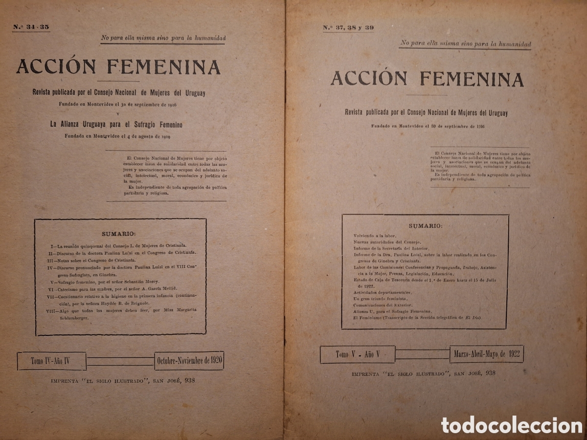 Coleccionismo de Revistas y Peri&oacute;dicos: 2 REVISTA ACCION FEMENINA CONSEJO NACIONAL MUJERES DE URUGUAY PAULINA LUISI 1920/22
