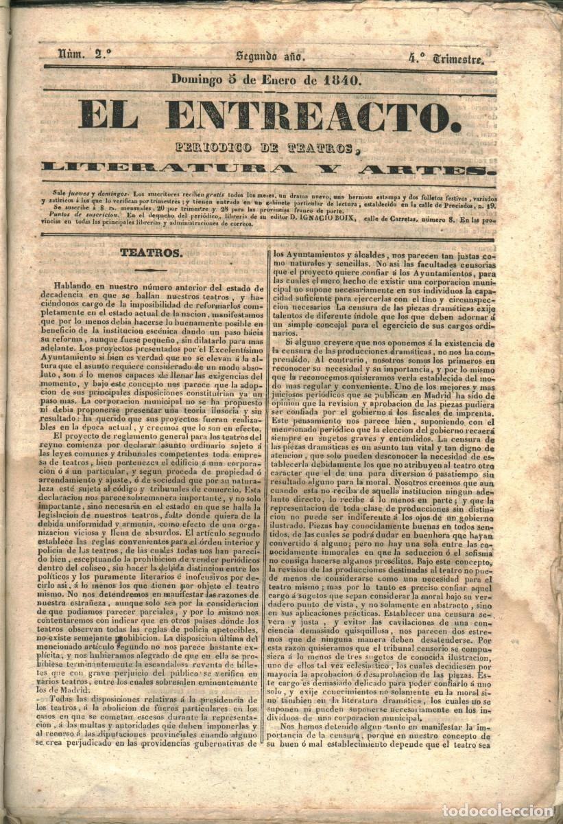 Coleccionismo de Revistas y Peri&oacute;dicos: El Entreacto: peri&oacute;dico de teatros, literatura y artes 1840. 18 N&uacute;ms. [Teatro Romanticismo]