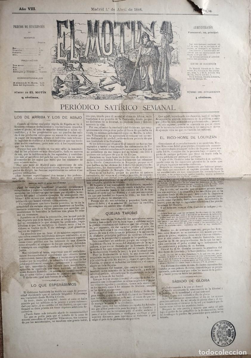 Coleccionismo de Revistas y Peri&oacute;dicos: 1888- EL MOT&Iacute;N - PERIODICO SAT&Iacute;RICO SEMANAL