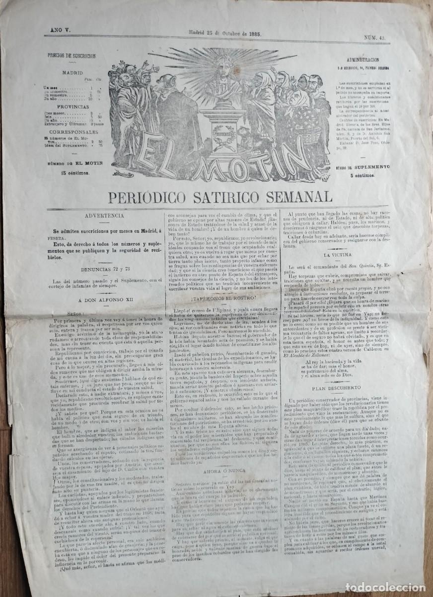 Coleccionismo de Revistas y Peri&oacute;dicos: 1885- EL MOT&Iacute;N - PERIODICO SAT&Iacute;RICO SEMANAL