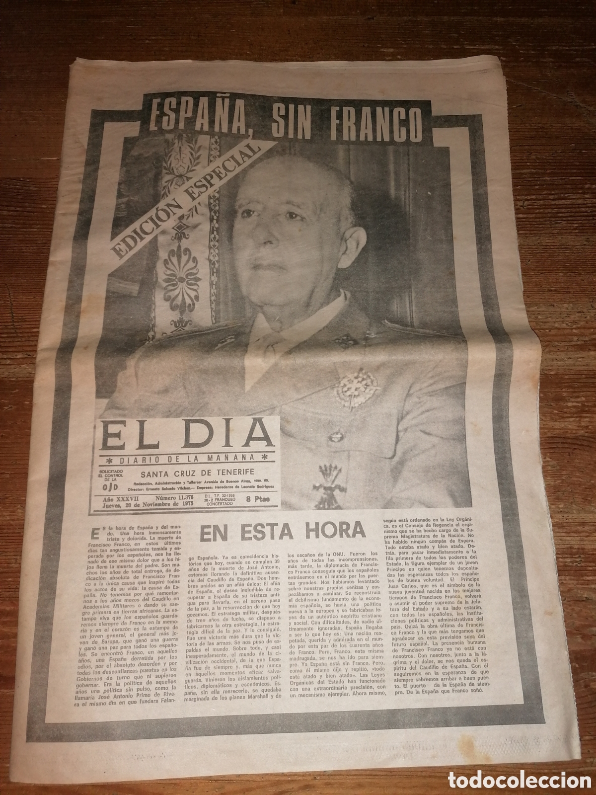 Coleccionismo de Revistas y Peri&oacute;dicos: Peri&oacute;dico EL D&Iacute;A. Tenerife Edici&oacute;n especial. 20 noviembre 1975. Espa&ntilde;a sin Franco.