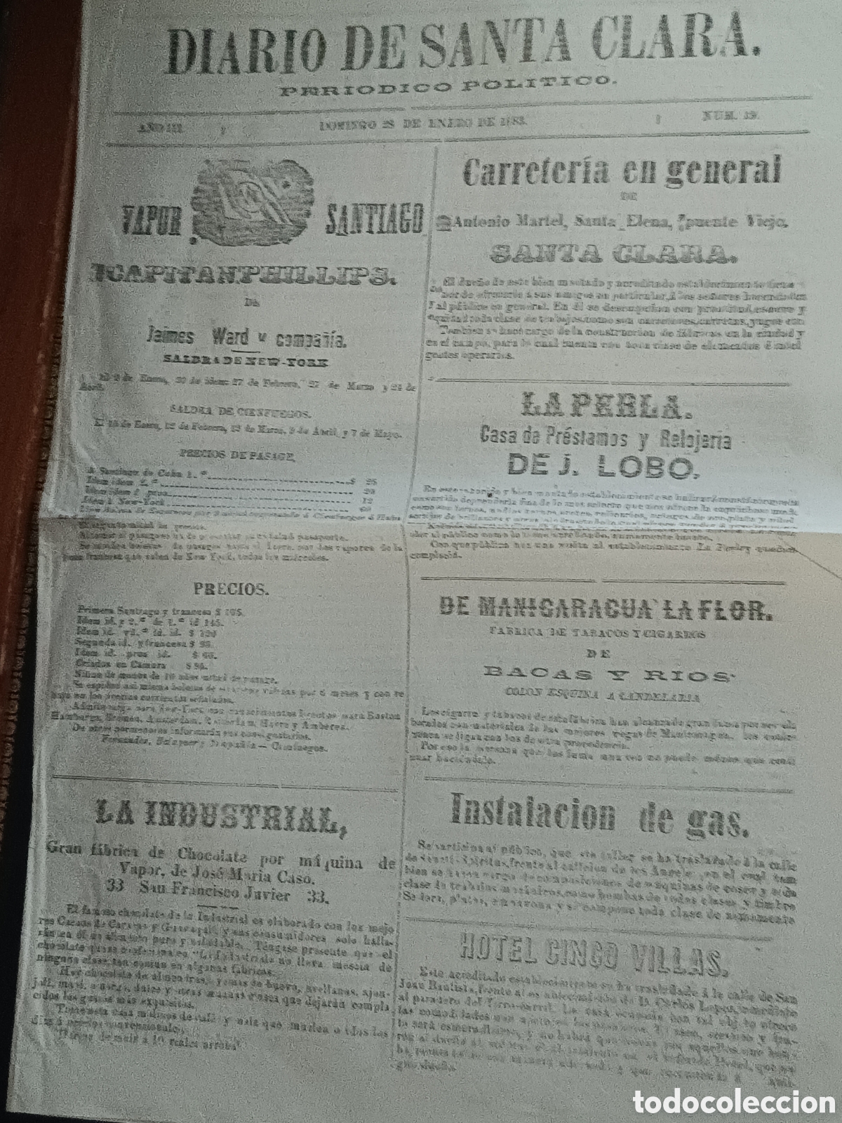 Sammeln von Zeitschriften und Zeitungen: ANTIGUO PERIODICO DIARIO DE SANTA CLARA, CUBA, 28 ENERO 1883. PUBLICIDAD Y NOTICIAS LOCALES.