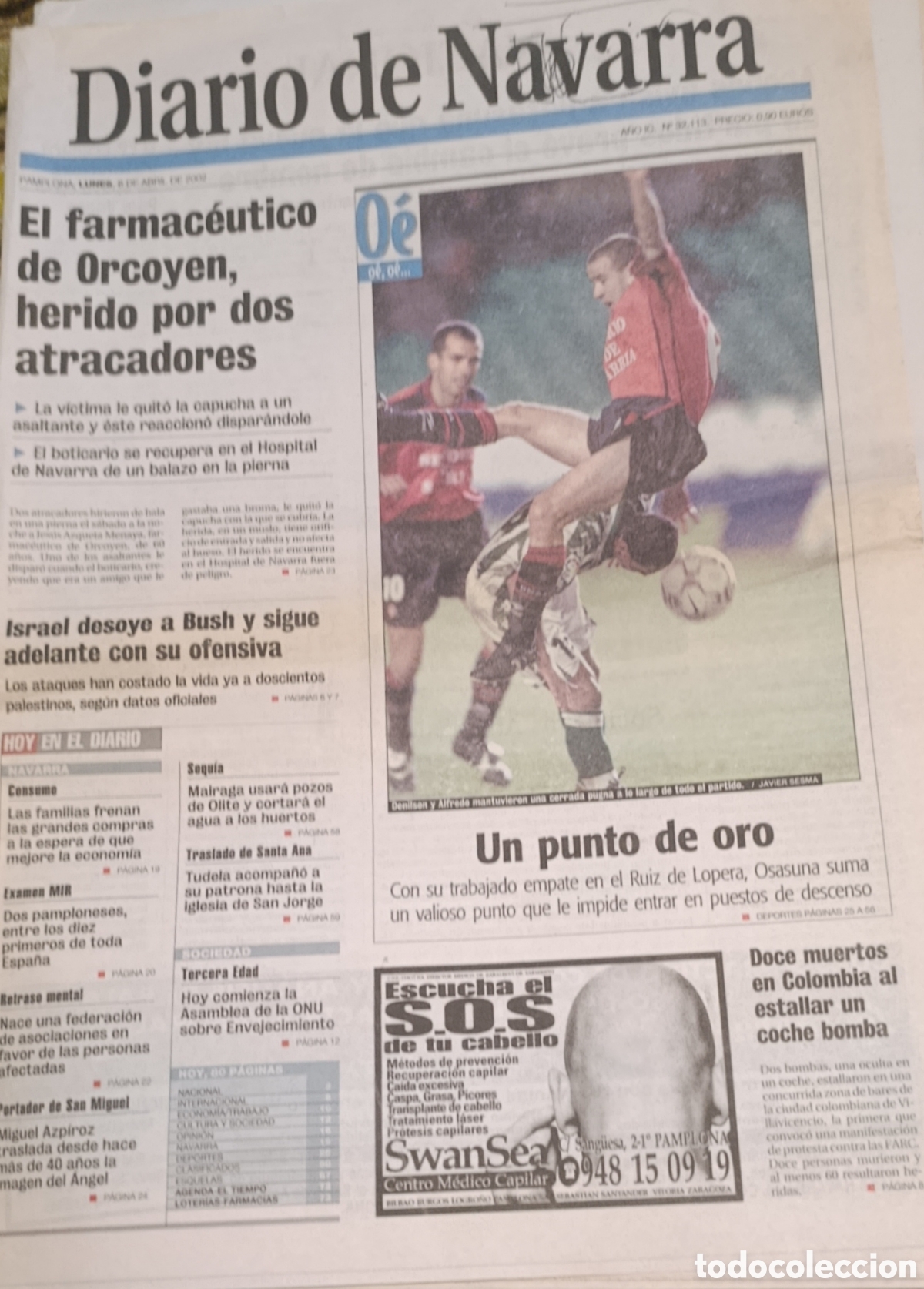 Sammeln von Zeitschriften und Zeitungen: Ejemplar original Diario de Navarra - Lunes, 8 de abril de 2002