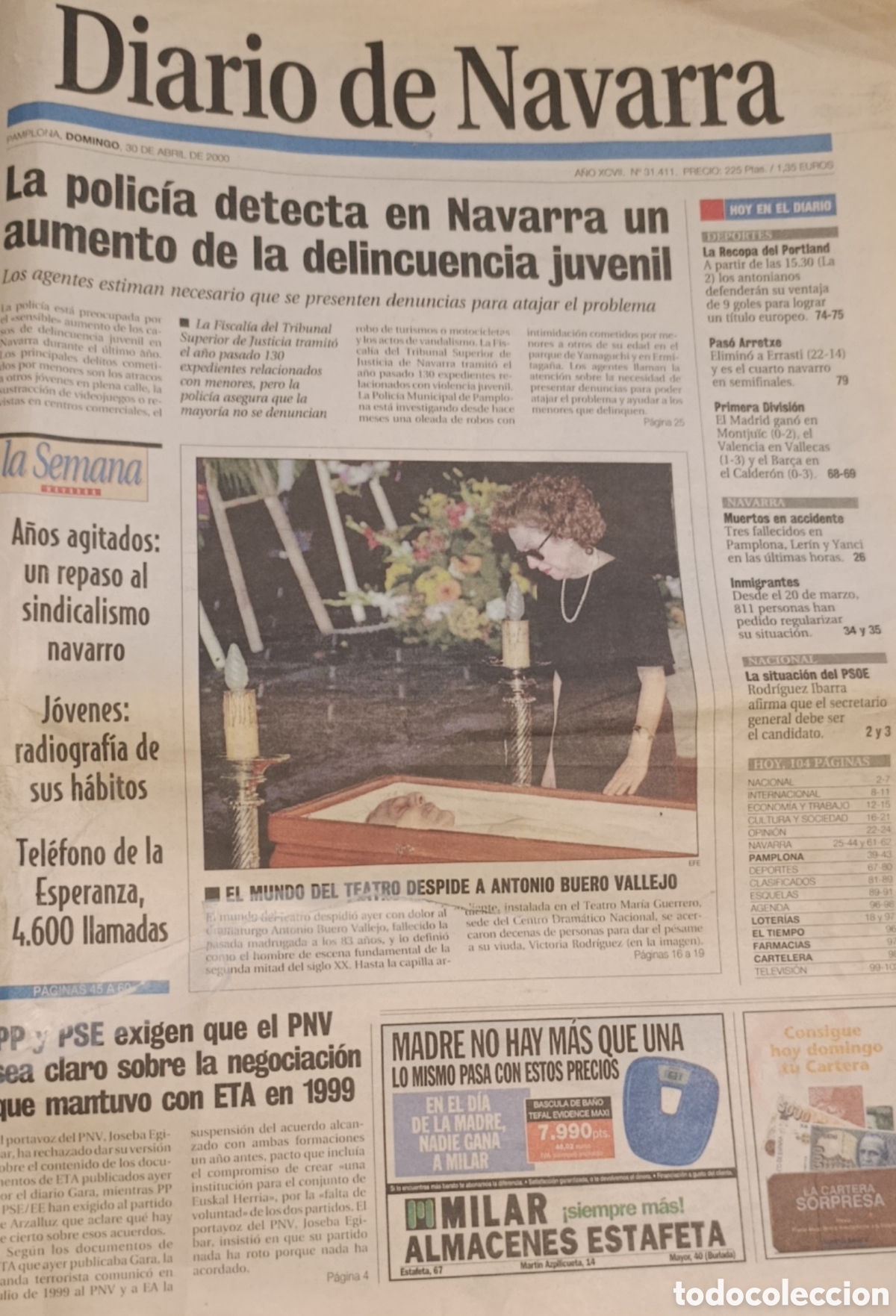 Coleccionismo de Revistas y Peri&oacute;dicos: Peri&oacute;dico Diario de Navarra - 30 de Abril de 2000