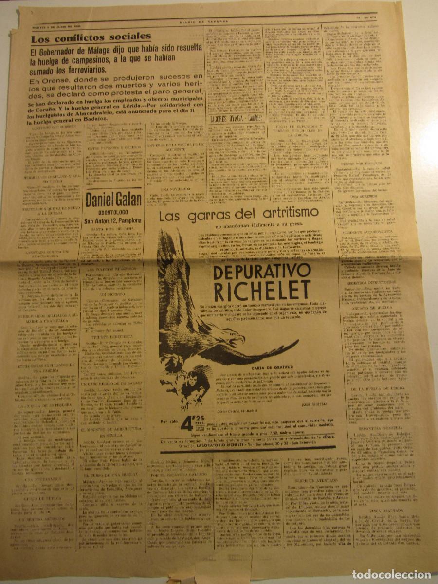 Coleccionismo de Revistas y Peri&oacute;dicos: RECORTE Diario de Navarra Pamplona 9 Junio 1936. Huelga en Vigo, Tarragona, Sevilla, Antequera,