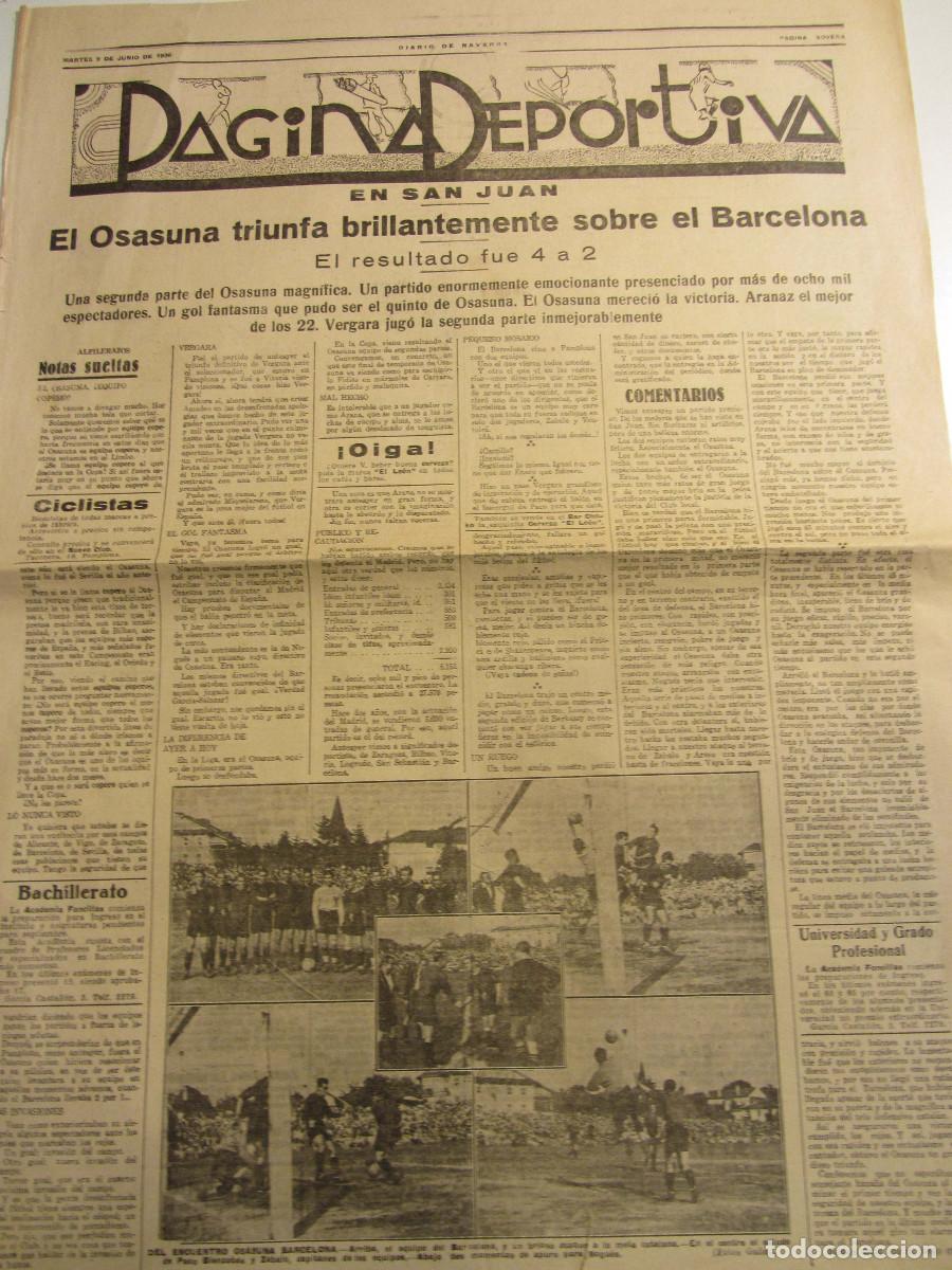 Collectionnisme de Revues et Journaux: RECORTE Diario de Navarra Pamplona 9 Junio 1936. Triunfo del Osasuna frente al Barcelona. 4-2 Fotos