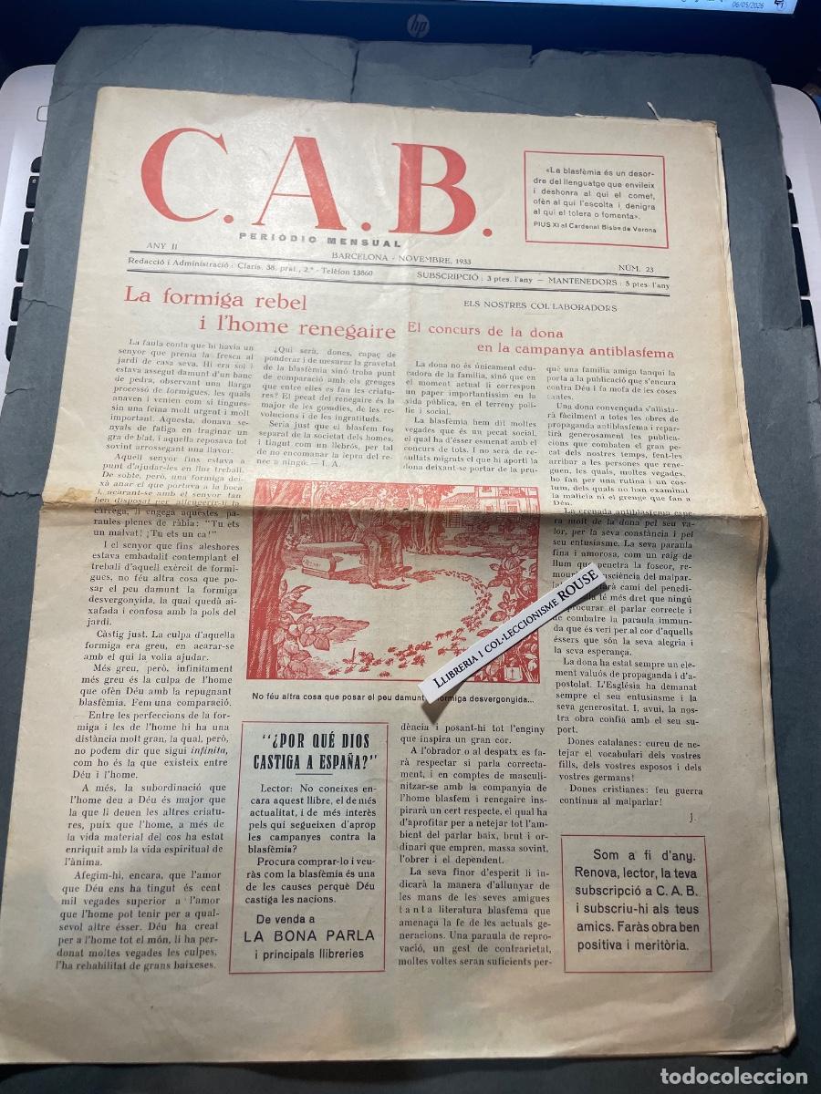 Coleccionismo de Revistas y Peri&oacute;dicos: ANTIGUA PUBLICACI&Oacute;N - C.A.B. PERIODICO MENSUAL - ANY II N&ordm; 23 BARCELONA NOVEMBRE 1933 - 8 PAG. 39X28