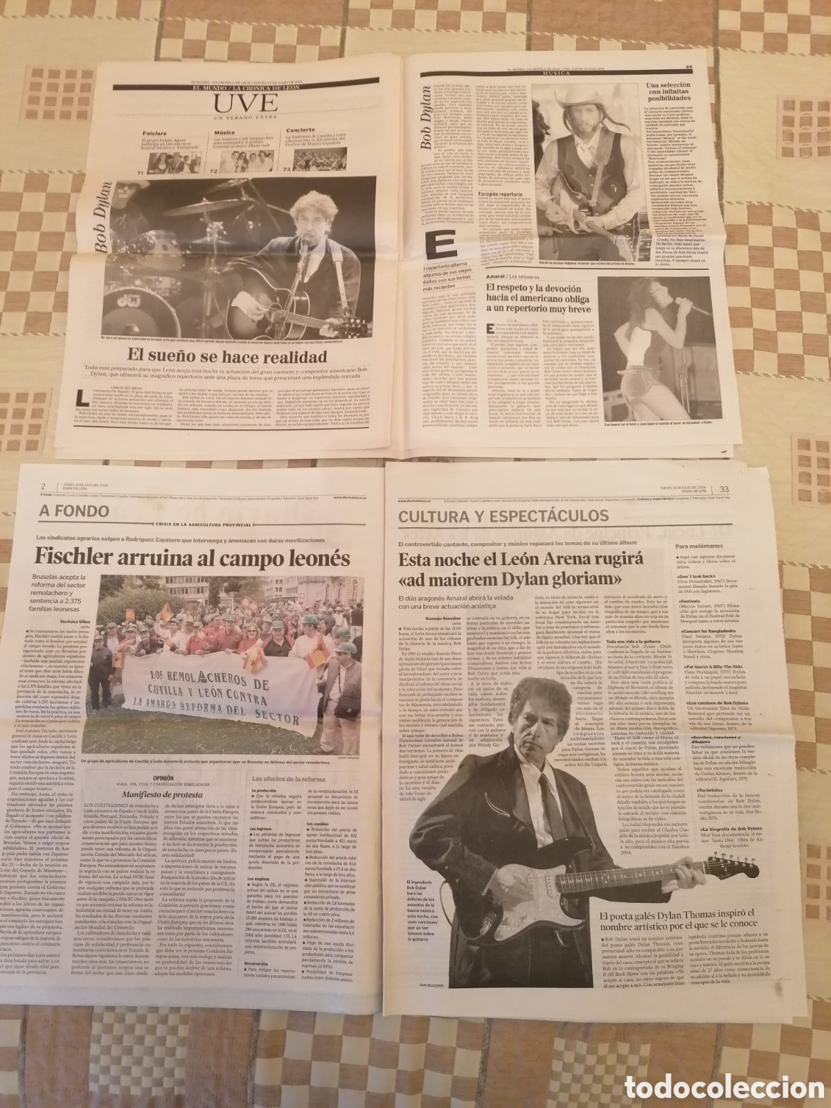 Coleccionismo de Revistas y Peri&oacute;dicos: P&aacute;ginas Peri&oacute;dicos Concierto Bob Dylan En Le&oacute;n, Espa&ntilde;a, Julio 2004