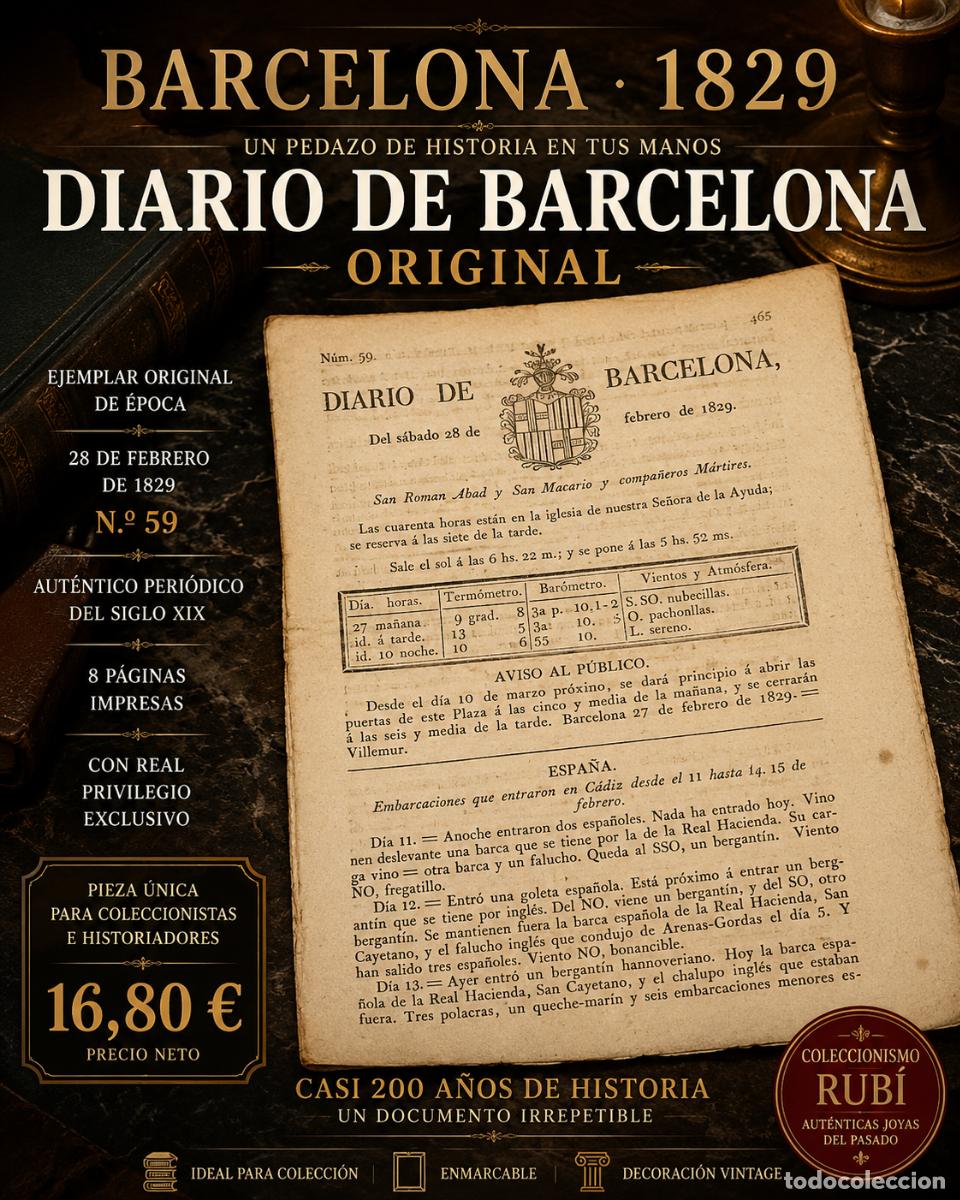 Collezionismo di Riviste e Giornali: DIARIO DE BARCELONA ORIGINAL / A&Ntilde;O 1829 / N.&ordm; 59 / DOCUMENTO HIST&Oacute;RICO SIGLO XIX