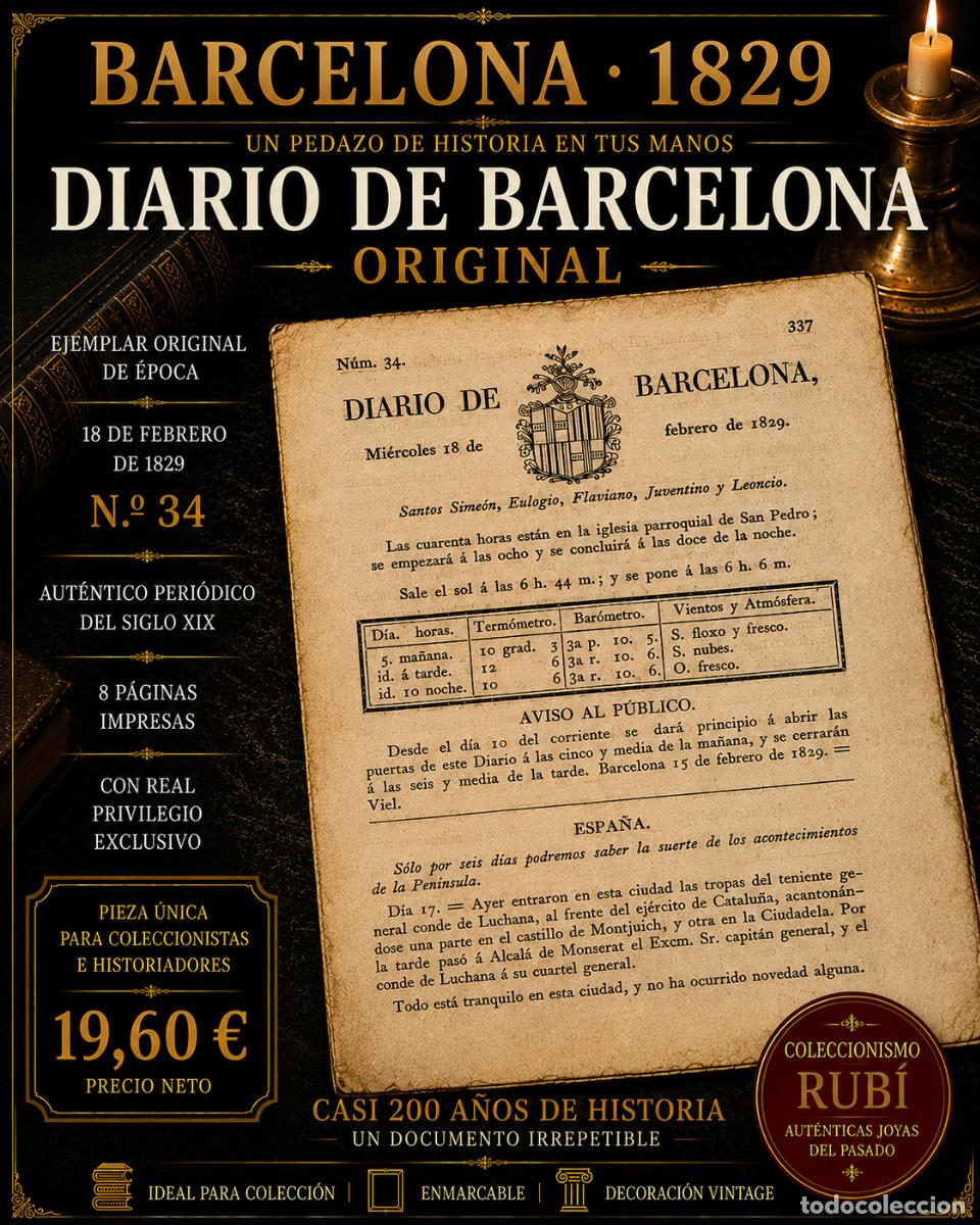 Coleccionismo de Revistas y Peri&oacute;dicos: DIARIO DE BARCELONA ORIGINAL / A&Ntilde;O 1829 / N.&ordm; 34 / DOCUMENTO HIST&Oacute;RICO SIGLO XIX