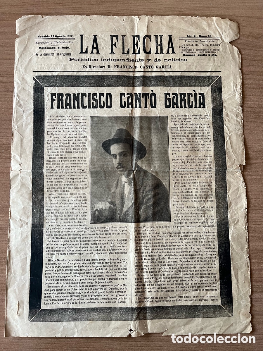 Coleccionismo de Revistas y Peri&oacute;dicos: Antiguo peri&oacute;dico &ldquo;La flecha&rdquo; Novelda, 1912