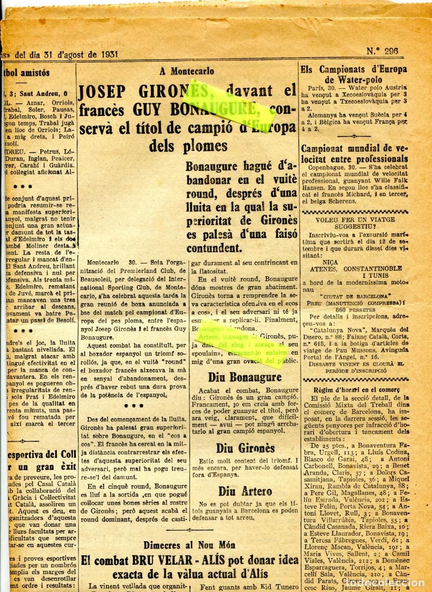 Coleccionismo de Revistas y Peri&oacute;dicos: DIARIO A&Ntilde;O 1931 JOSEP JOSE GIRONES COMBATE EN MONTECARLO MONACO GUY BONAUGURE CLUB FEMENI D'ESPORTS
